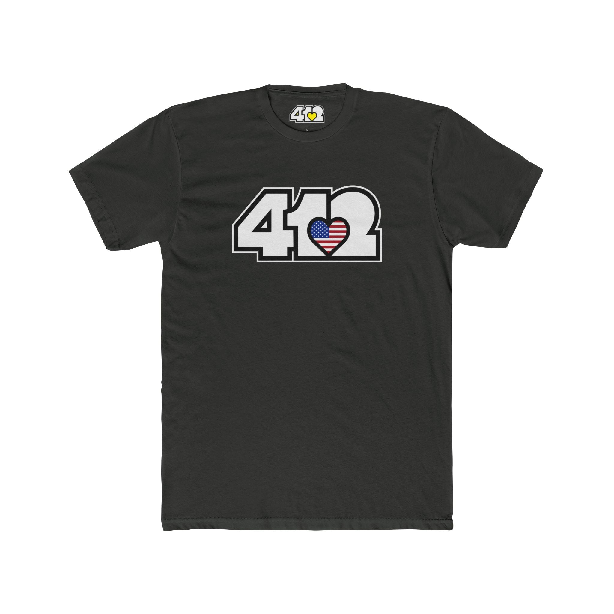 Pittsburgh T-Shirt | White Stars & Stripes 412 Logo. Apparel Color: Solid Heavy Metal. Tailored fit T-Shirt with breathable cotton fabric, and classic neckline.
