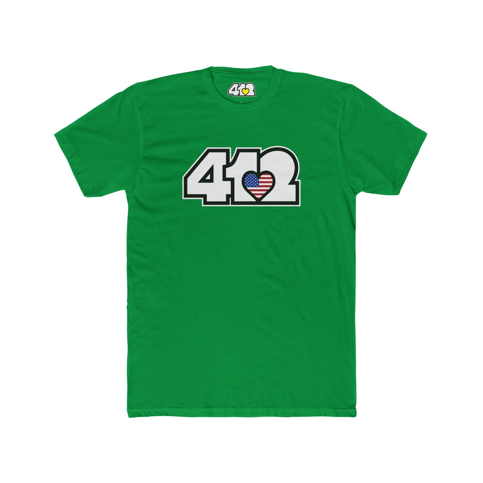 Pittsburgh T-Shirt | White Stars & Stripes 412 Logo. Apparel Color: Solid Kelly Green. Tailored fit T-Shirt with breathable cotton fabric, and classic neckline.