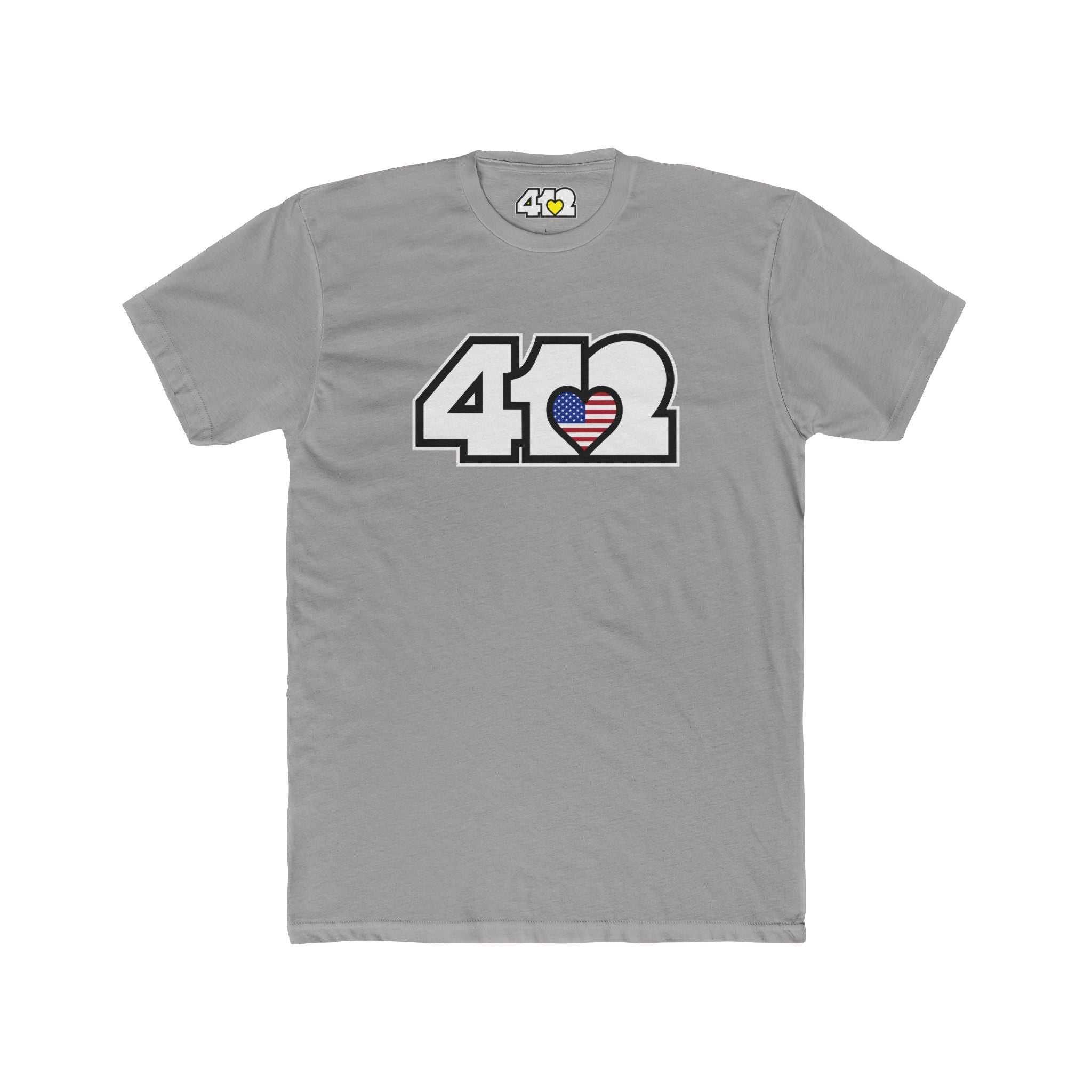 Pittsburgh T-Shirt | White Stars & Stripes 412 Logo. Apparel Color: Solid Light Grey. Tailored fit T-Shirt with breathable cotton fabric, and classic neckline.