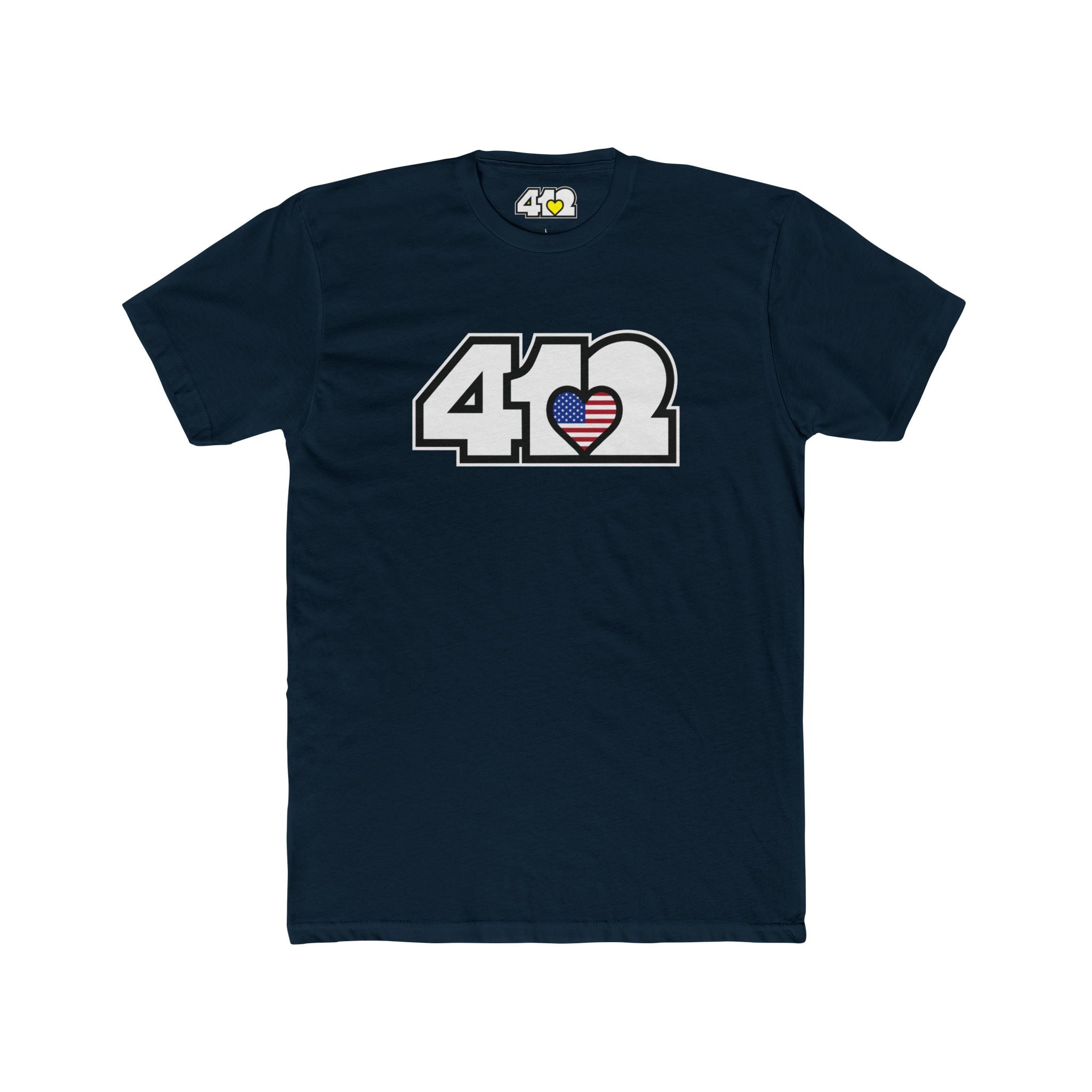 Pittsburgh T-Shirt | White Stars & Stripes 412 Logo. Apparel Color: Solid Midnight Navy. Tailored fit T-Shirt with breathable cotton fabric, and classic neckline.
