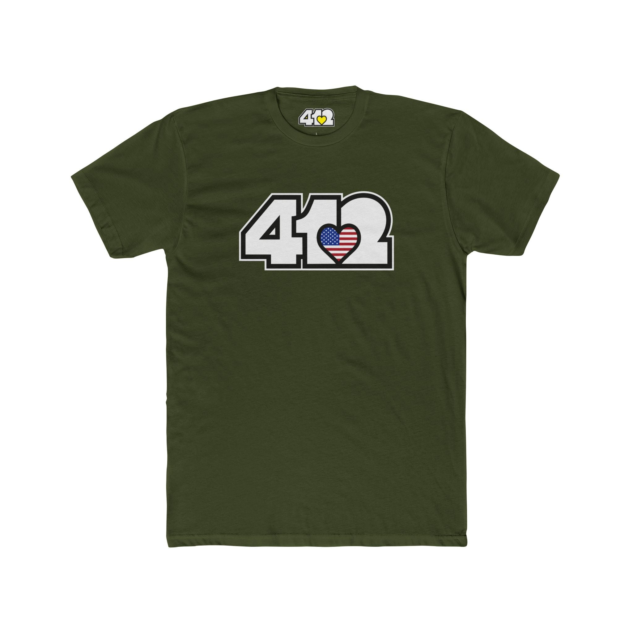 Pittsburgh T-Shirt | White Stars & Stripes 412 Logo. Apparel Color: Solid Military Green. Tailored fit T-Shirt with breathable cotton fabric, and classic neckline.