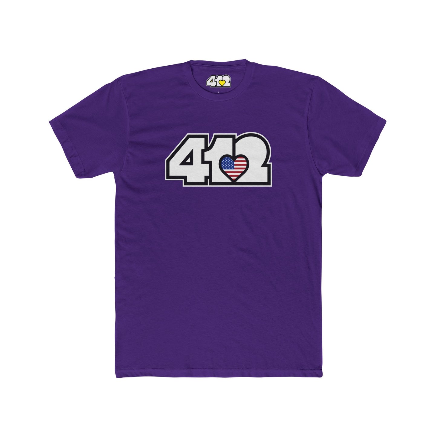 Pittsburgh T-Shirt | White Stars & Stripes 412 Logo. Apparel Color: Solid Purple Rush. Tailored fit T-Shirt with breathable cotton fabric, and classic neckline.