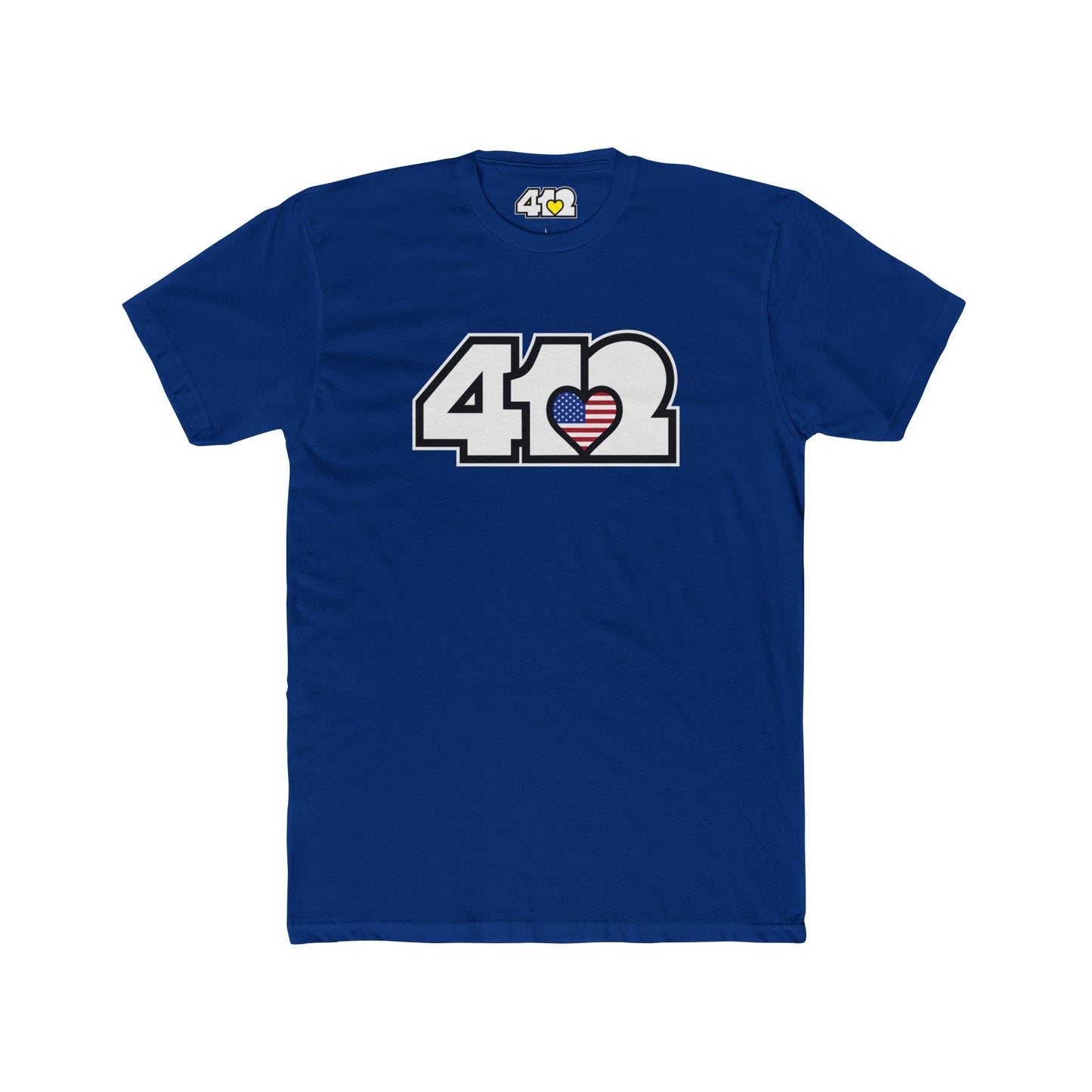 Pittsburgh T-Shirt | White Stars & Stripes 412 Logo. Apparel Color: Solid Royal. Tailored fit T-Shirt with breathable cotton fabric, and classic neckline.