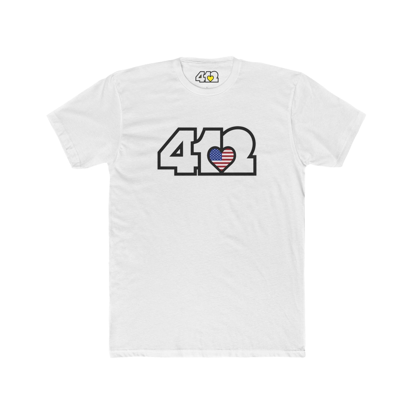 Pittsburgh T-Shirt | White Stars & Stripes 412 Logo. Apparel Color: Solid White. Tailored fit T-Shirt with breathable cotton fabric, and classic neckline.