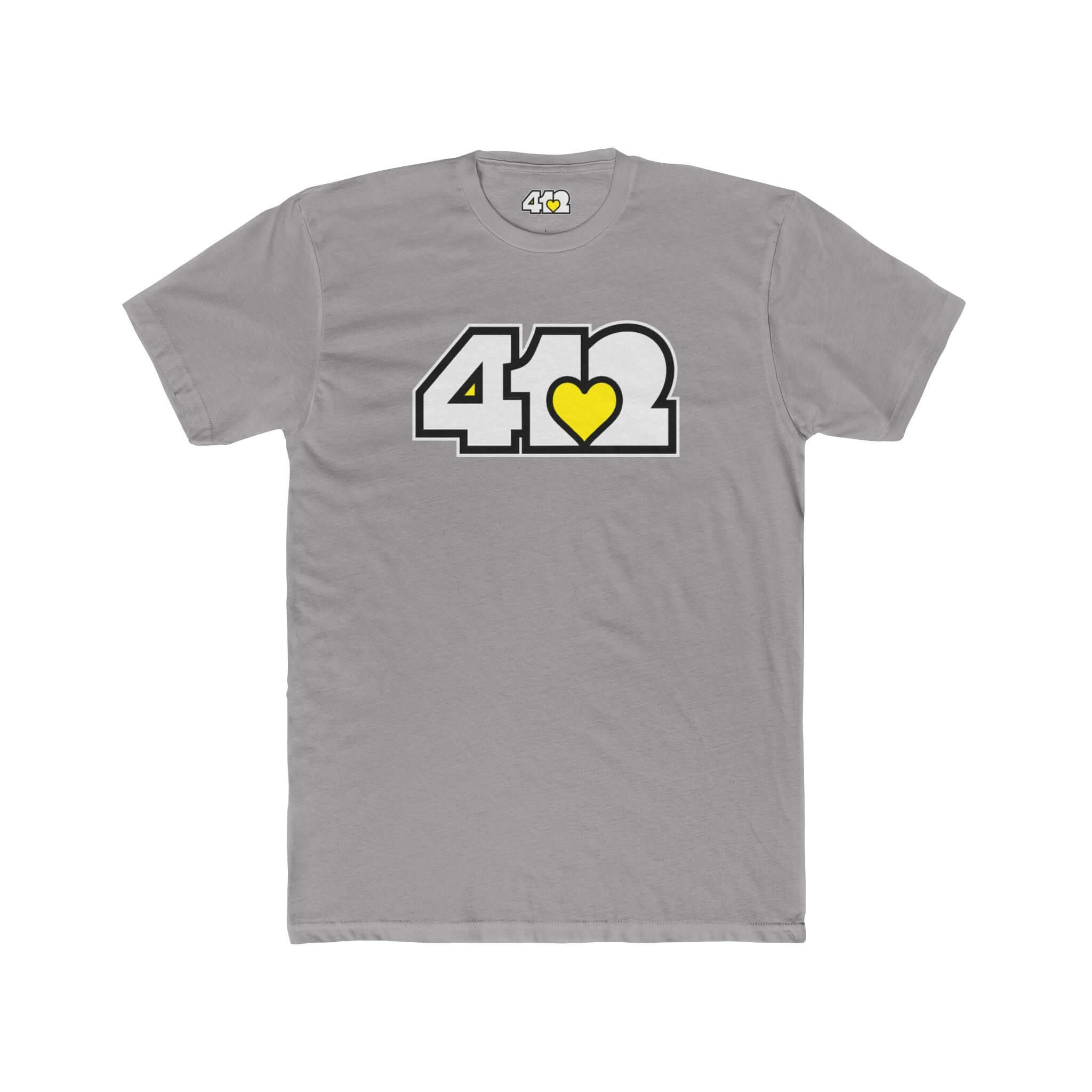 Pittsburgh T-Shirt | White & Yellow 412 Logo. Apparel Color: Solid Light Grey. Tailored fit T-Shirt with breathable cotton fabric, and classic neckline.