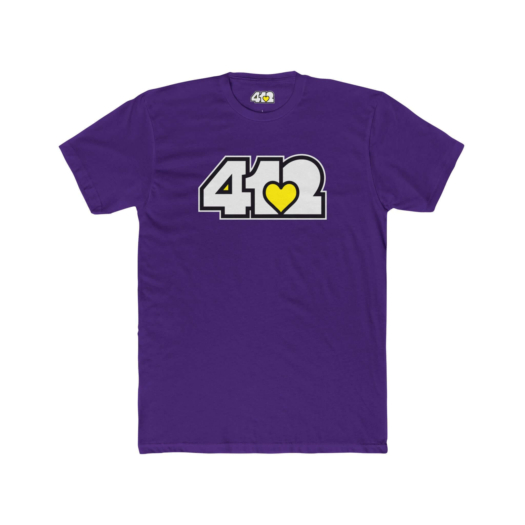 Pittsburgh T-Shirt | White & Yellow 412 Logo. Apparel Color: Solid Purple Rush. Tailored fit T-Shirt with breathable cotton fabric, and classic neckline.
