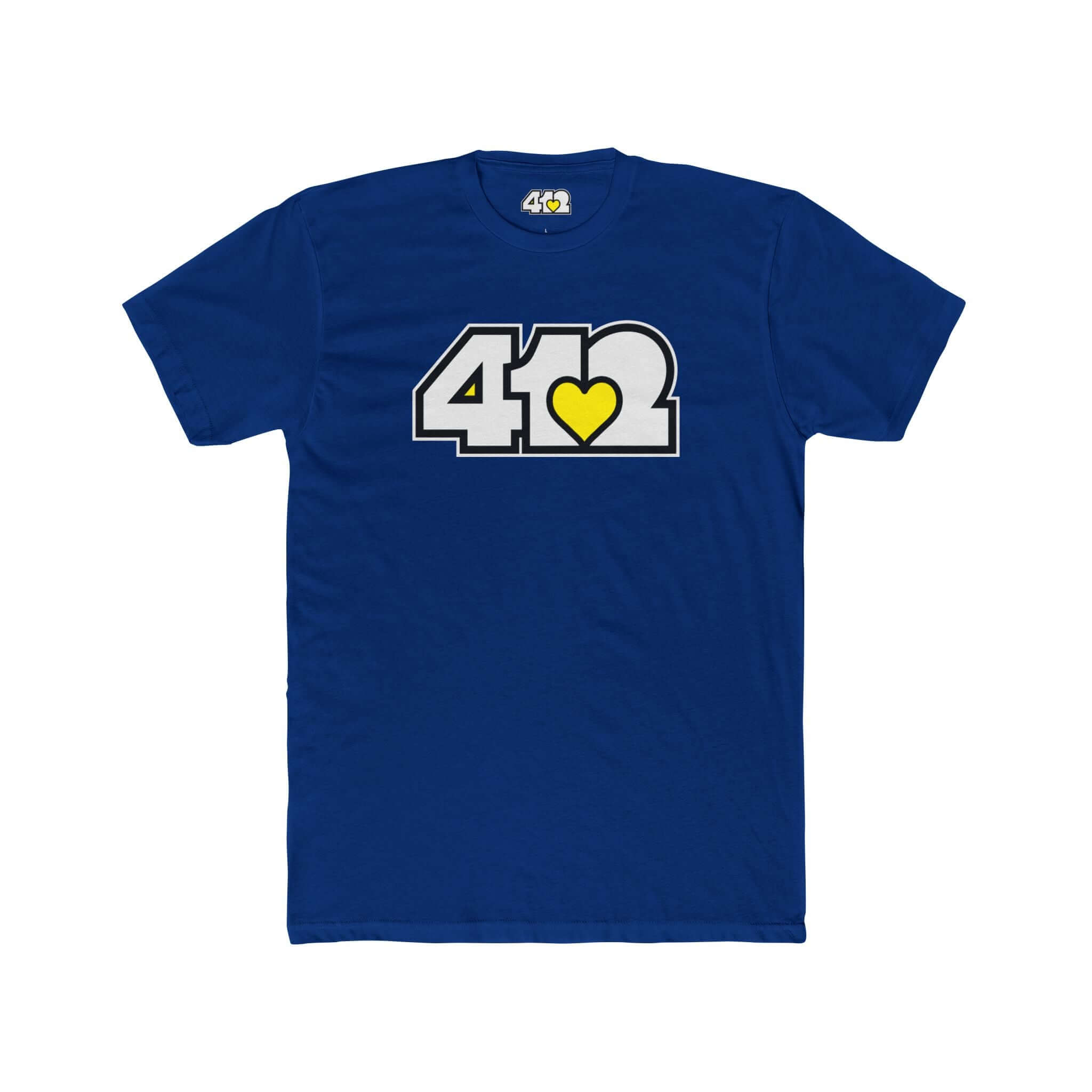 Pittsburgh T-Shirt | White & Yellow 412 Logo. Apparel Color: Solid Royal. Tailored fit T-Shirt with breathable cotton fabric, and classic neckline.