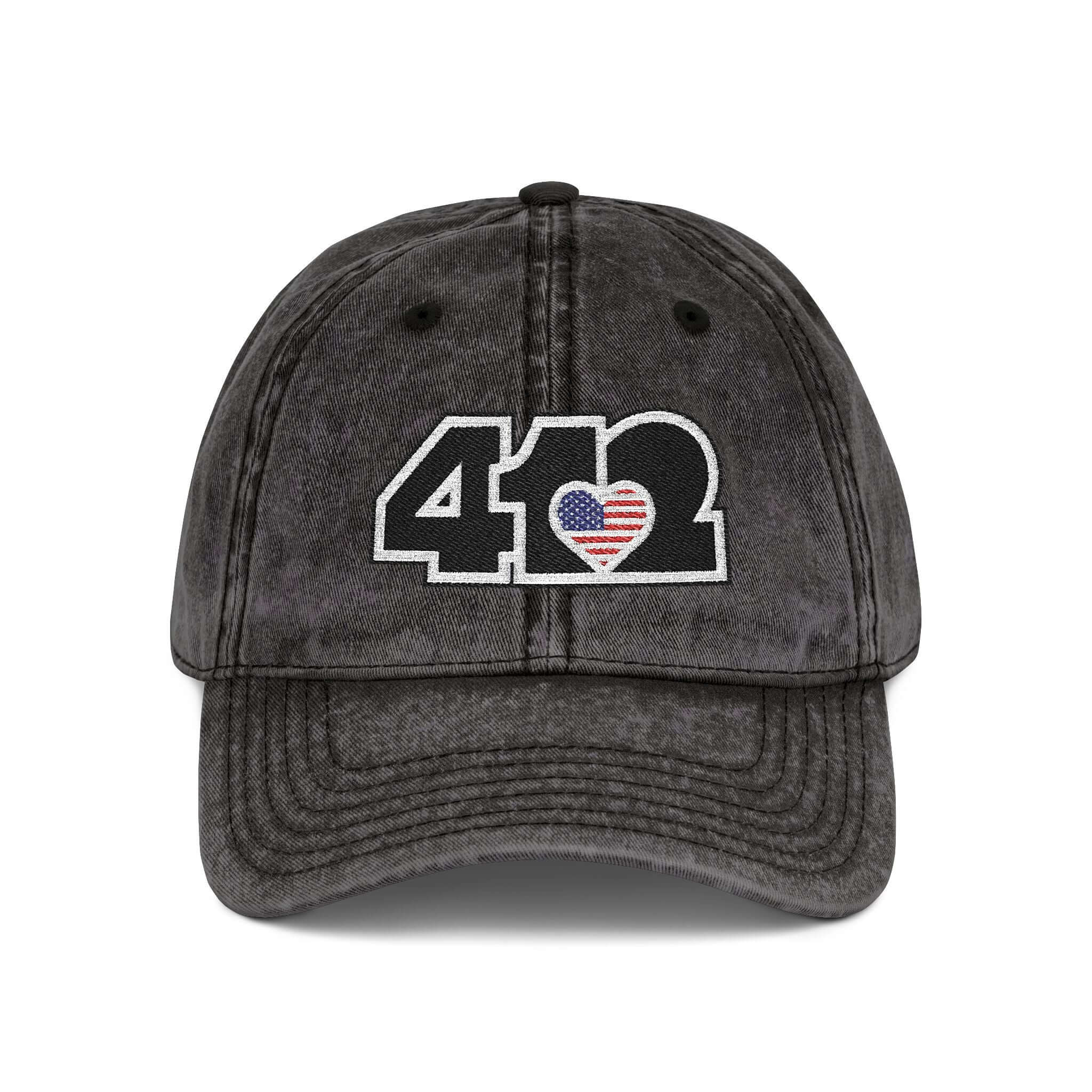 Pittsburgh Vintage Hat | Embroidered Black Stars and Stripes 412 Logo. Apparel Color: Black. A relaxed fit, cotton twill fabric, adjustable buckle, and washed-out finish look.
