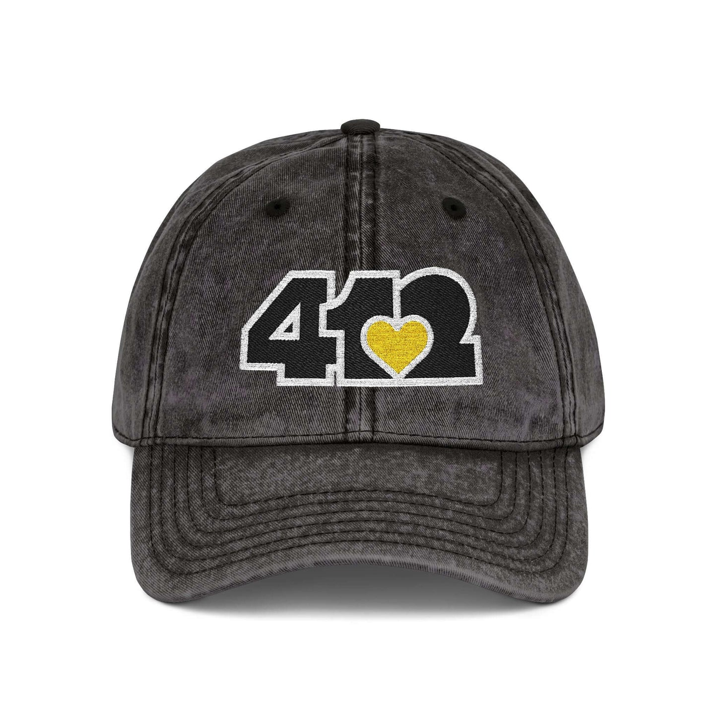 Pittsburgh Vintage Hat | Embroidered Black & Yellow 412 Logo. Apparel Color: Black. A relaxed fit, cotton twill fabric, adjustable buckle, and washed-out finish look.