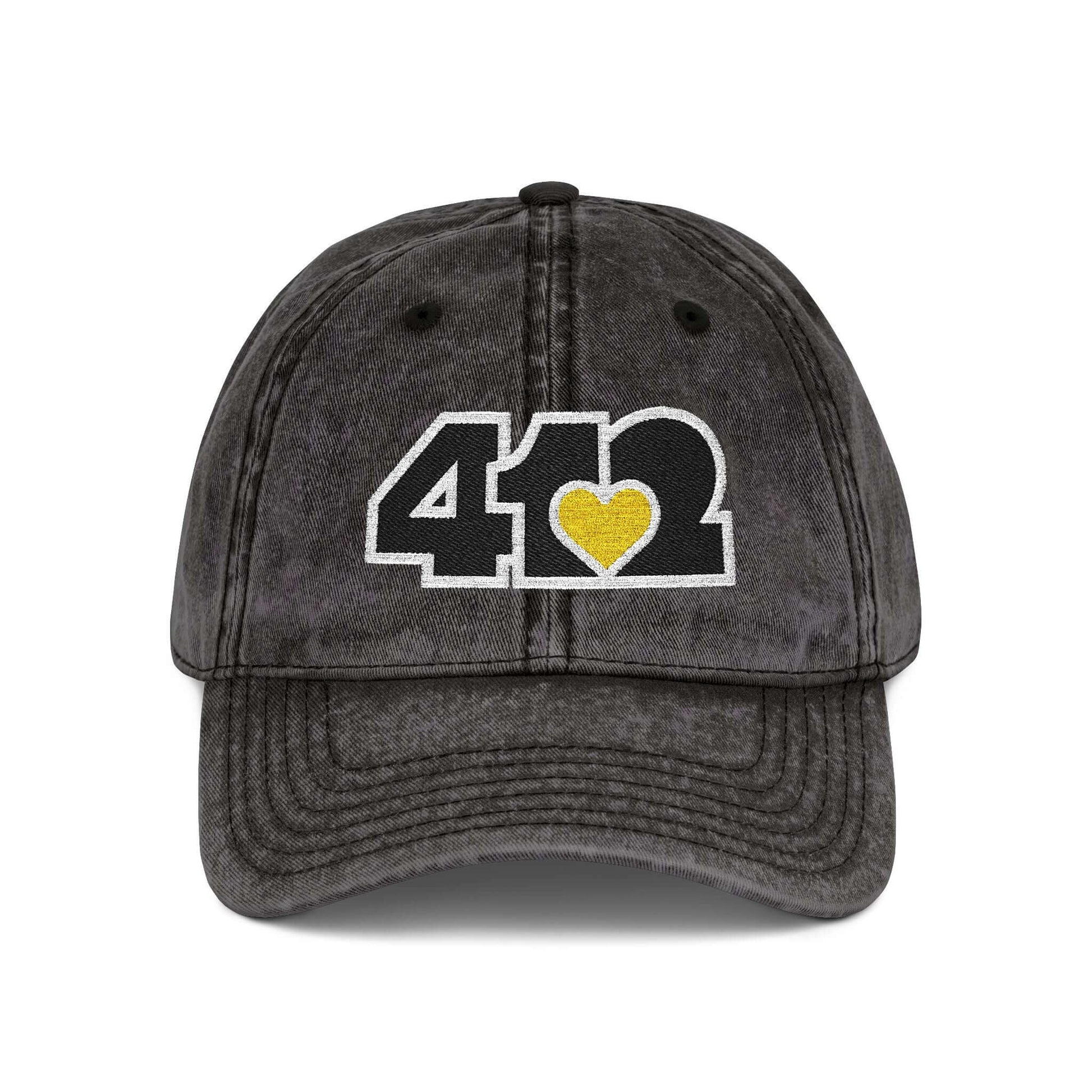 Pittsburgh Vintage Hat | Embroidered Black & Yellow 412 Logo. Apparel Color: Black. A relaxed fit, cotton twill fabric, adjustable buckle, and washed-out finish look.