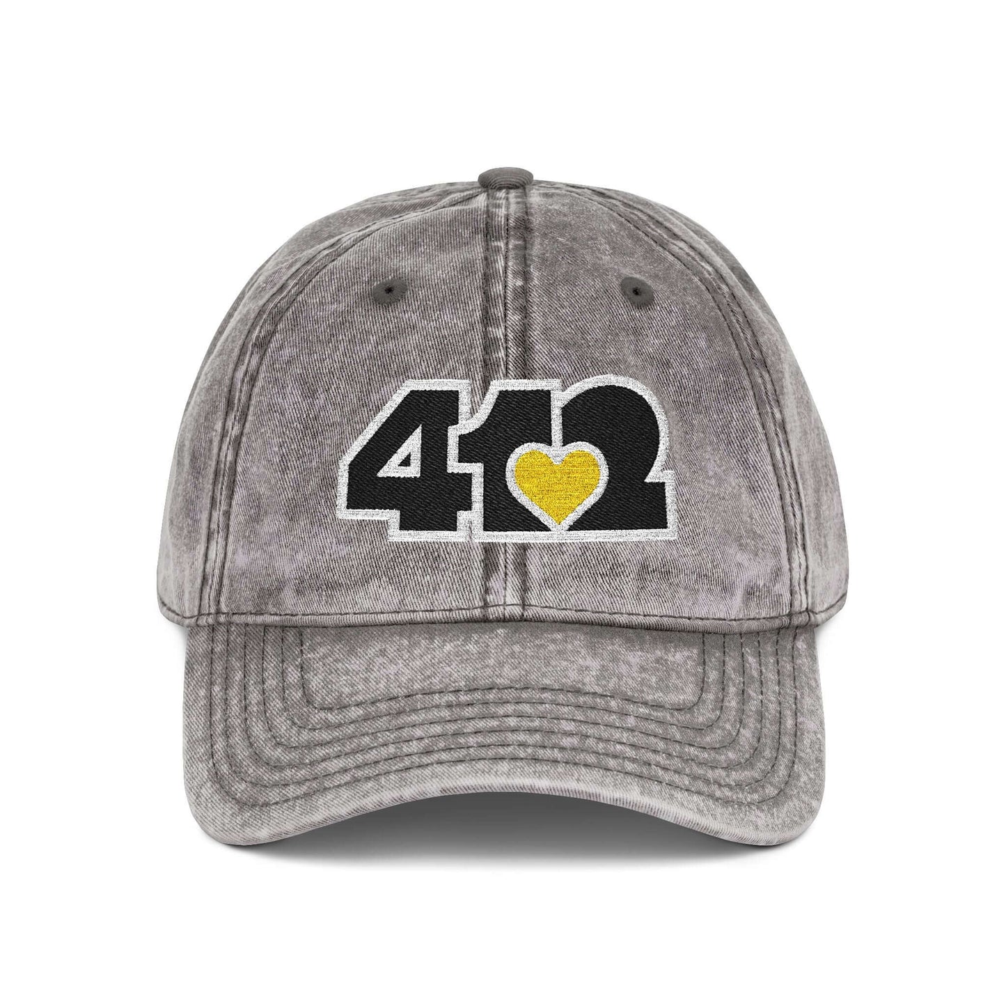 Pittsburgh Vintage Hat | Embroidered Black & Yellow 412 Logo. Apparel Color: Charcoal Grey. A relaxed fit, cotton twill fabric, adjustable buckle, and washed-out finish look.