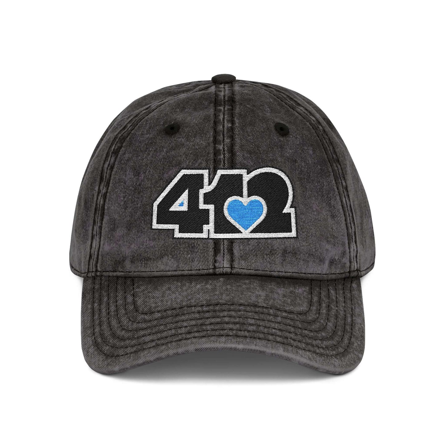 Pittsburgh Vintage Hat | Embroidered Black and Blue 412 Logo. Apparel Color: Black. A relaxed fit, cotton twill fabric, adjustable buckle, and washed-out finish look.