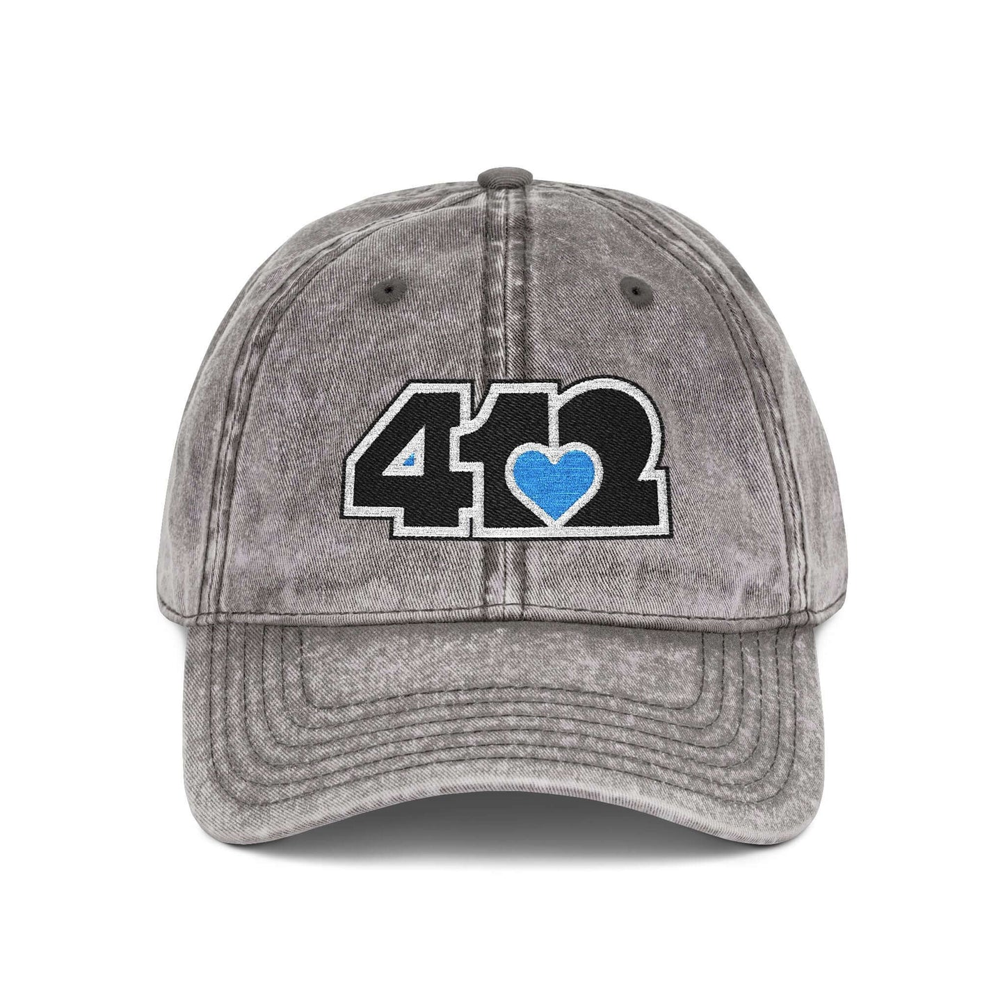Pittsburgh Vintage Hat | Embroidered Black and Blue 412 Logo. Apparel Color: Charcoal Grey. A relaxed fit, cotton twill fabric, adjustable buckle, and washed-out finish look.