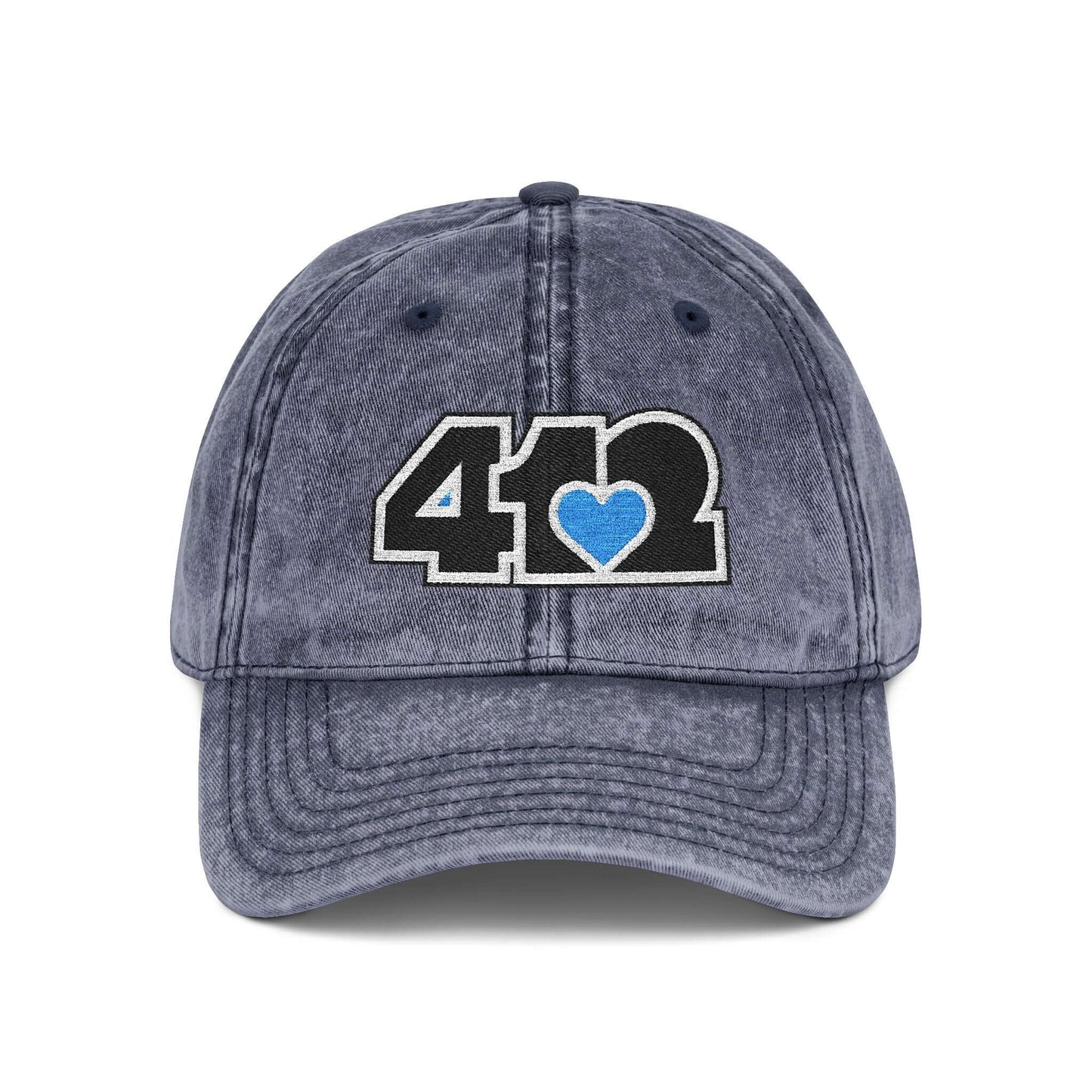 Pittsburgh Vintage Hat | Embroidered Black and Blue 412 Logo. Apparel Color: Navy. A relaxed fit, cotton twill fabric, adjustable buckle, and washed-out finish look.