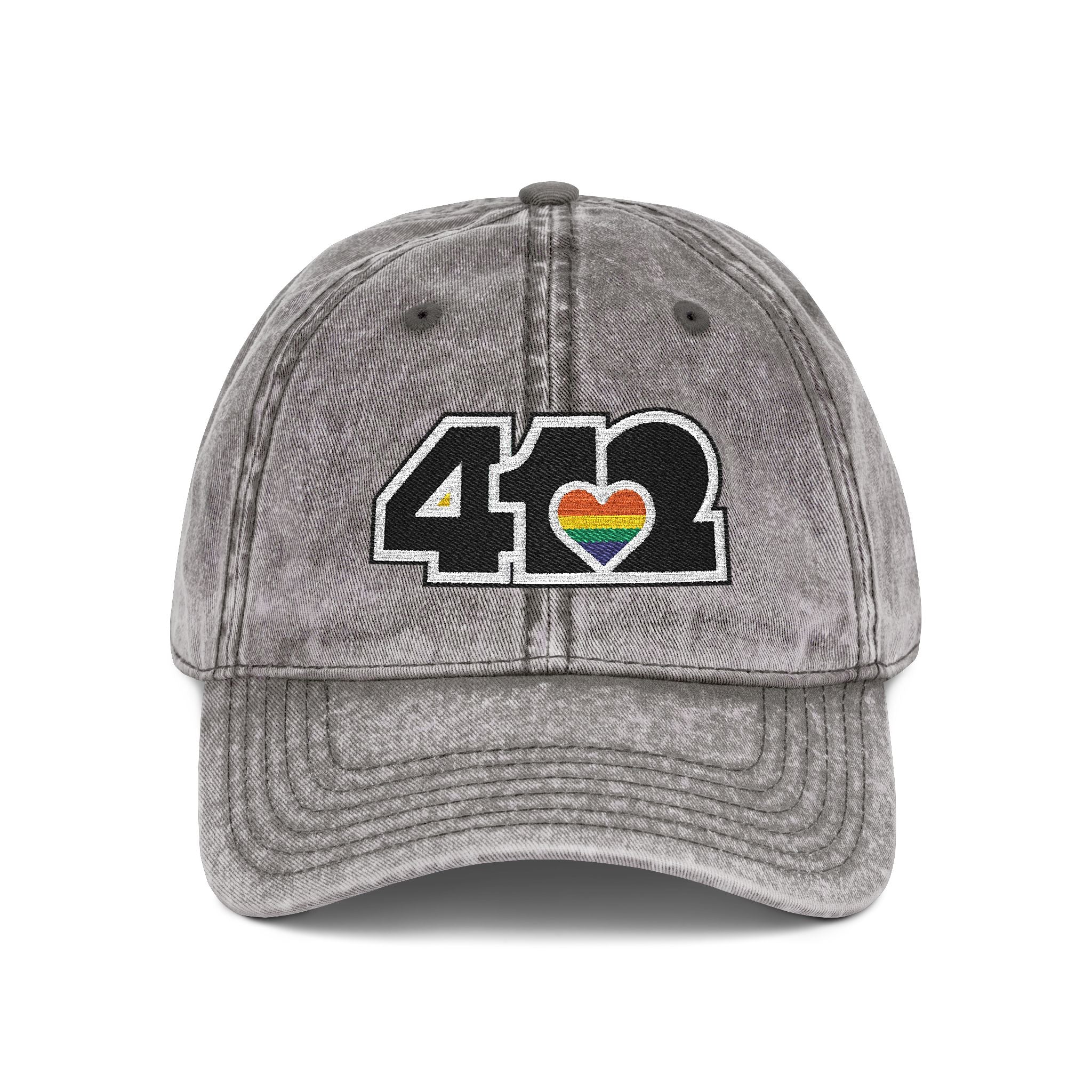 Pittsburgh Vintage Hat | Embroidered Black and Rainbow 412 Logo. Apparel Color: Charcoal Grey. A relaxed fit, cotton twill fabric, adjustable buckle, and washed-out finish look.