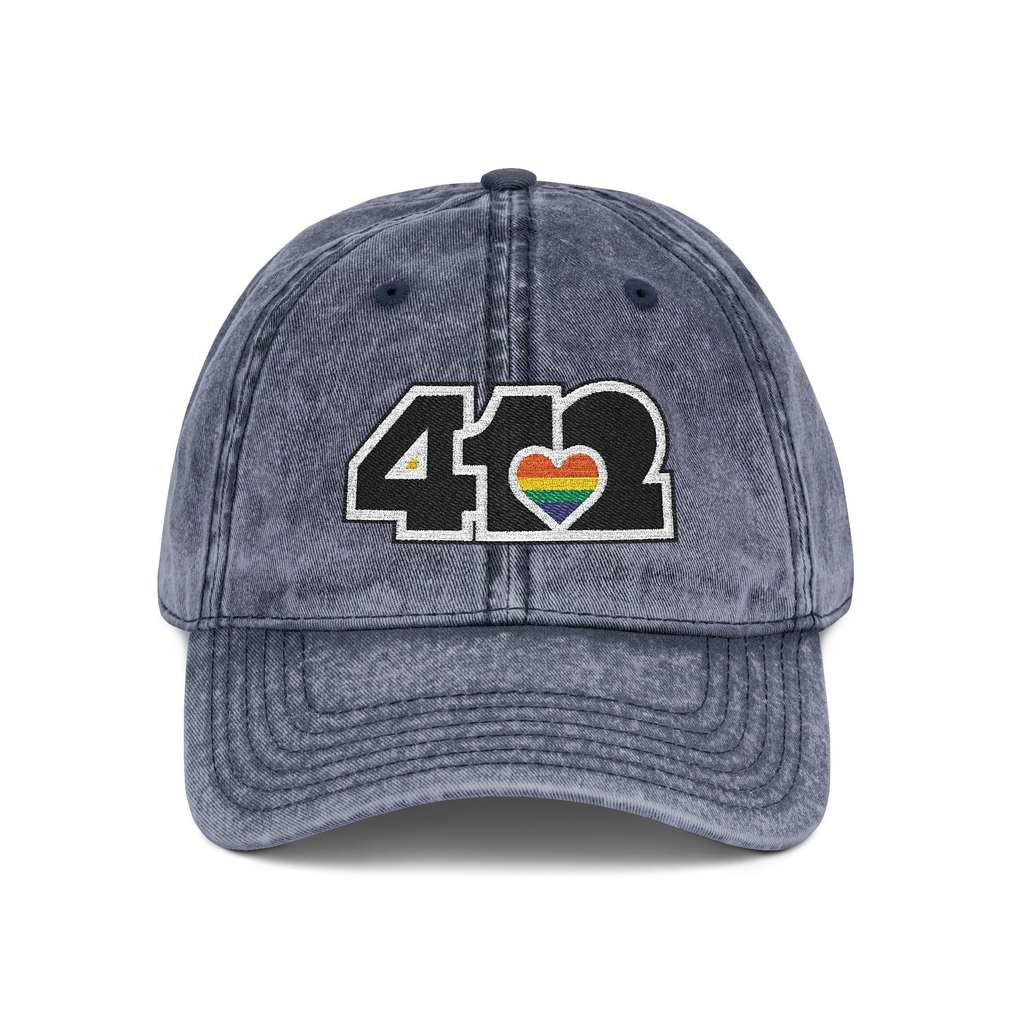 Pittsburgh Vintage Hat | Embroidered Black and Rainbow 412 Logo. Apparel Color: Navy. A relaxed fit, cotton twill fabric, adjustable buckle, and washed-out finish look.