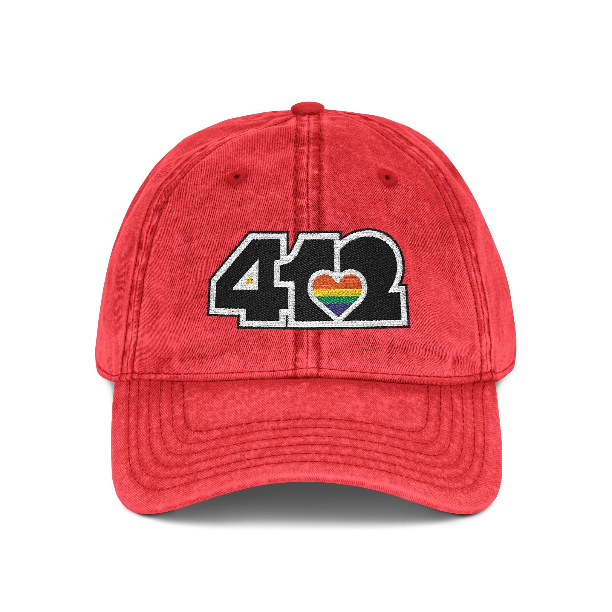 Pittsburgh Vintage Hat | Embroidered Black and Rainbow 412 Logo. Apparel Color: Red. A relaxed fit, cotton twill fabric, adjustable buckle, and washed-out finish look.