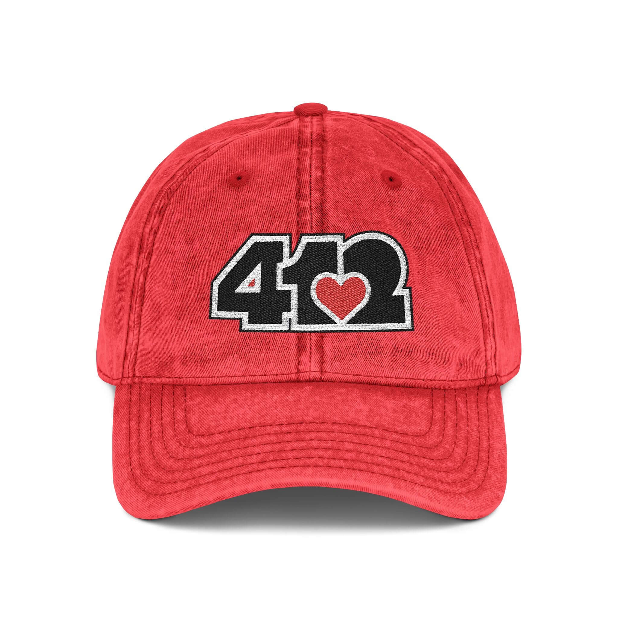 Pittsburgh Vintage Hat | Embroidered Black and Red 412 Logo. Apparel Color: Red. A relaxed fit, cotton twill fabric, adjustable buckle, and washed-out finish look.