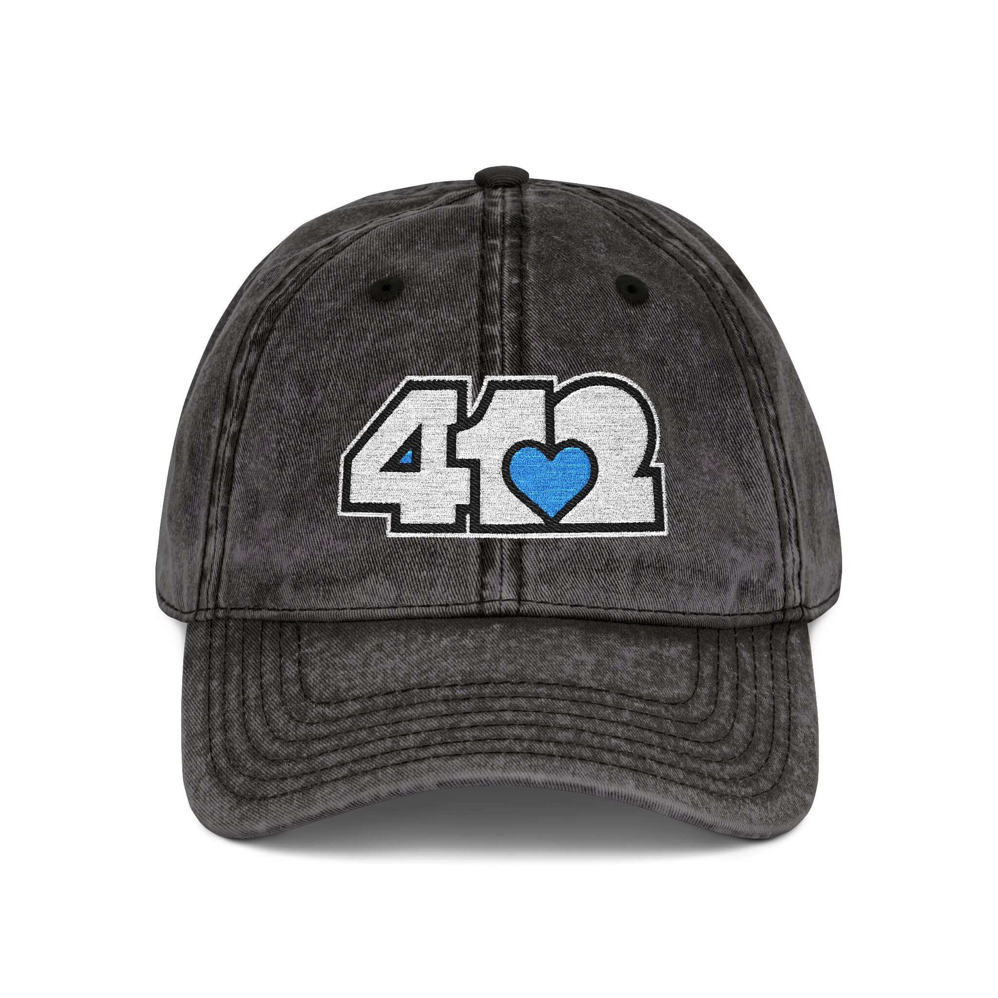 Pittsburgh Vintage Hat | Embroidered White and Blue 412 Logo. Apparel Color: Black. A relaxed fit, cotton twill fabric, adjustable buckle, and washed-out finish look.