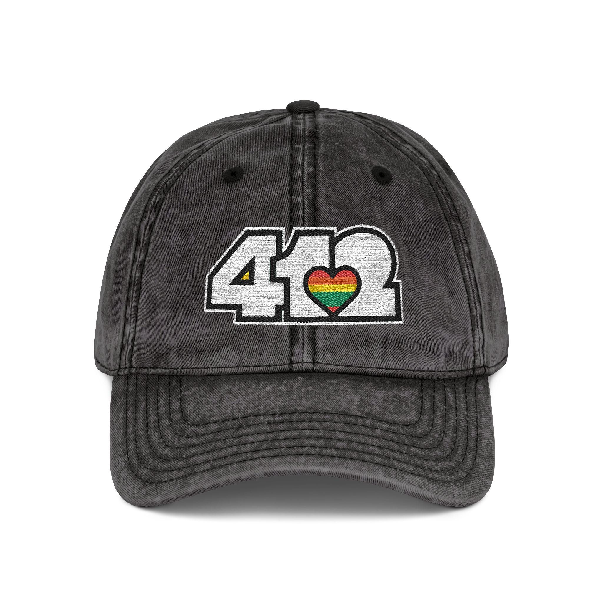 Pittsburgh Vintage Hat | Embroidered White and Rainbow 412 Logo. Apparel Color: Black. A relaxed fit, cotton twill fabric, adjustable buckle, and washed-out finish look.