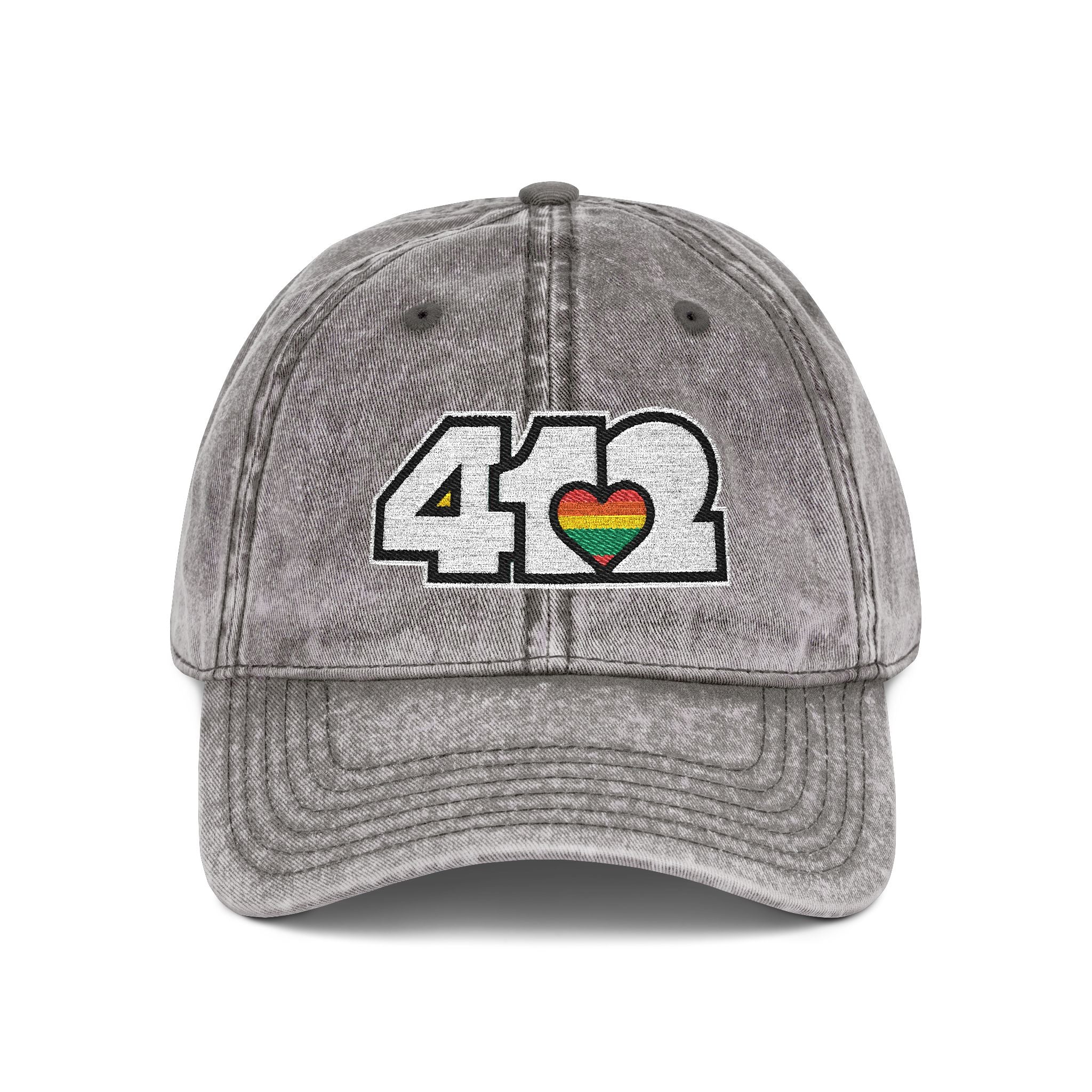 Pittsburgh Vintage Hat | Embroidered White and Rainbow 412 Logo. Apparel Color: Charcoal Grey. A relaxed fit, cotton twill fabric, adjustable buckle, and washed-out finish look.