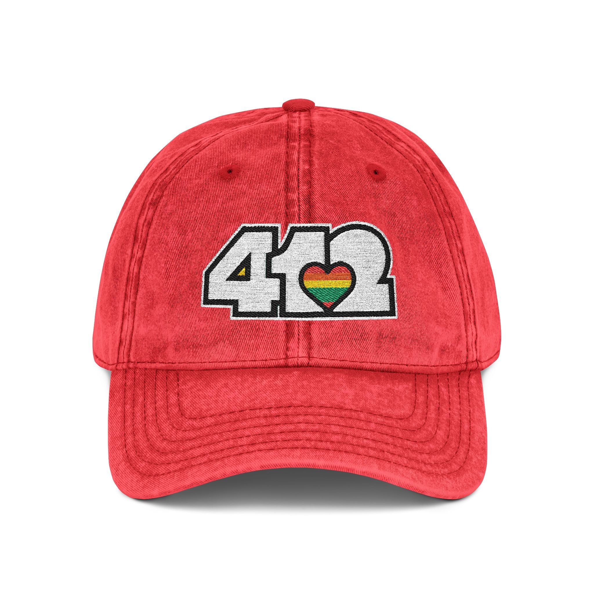 Pittsburgh Vintage Hat | Embroidered White and Rainbow 412 Logo. Apparel Color: Red. A relaxed fit, cotton twill fabric, adjustable buckle, and washed-out finish look.