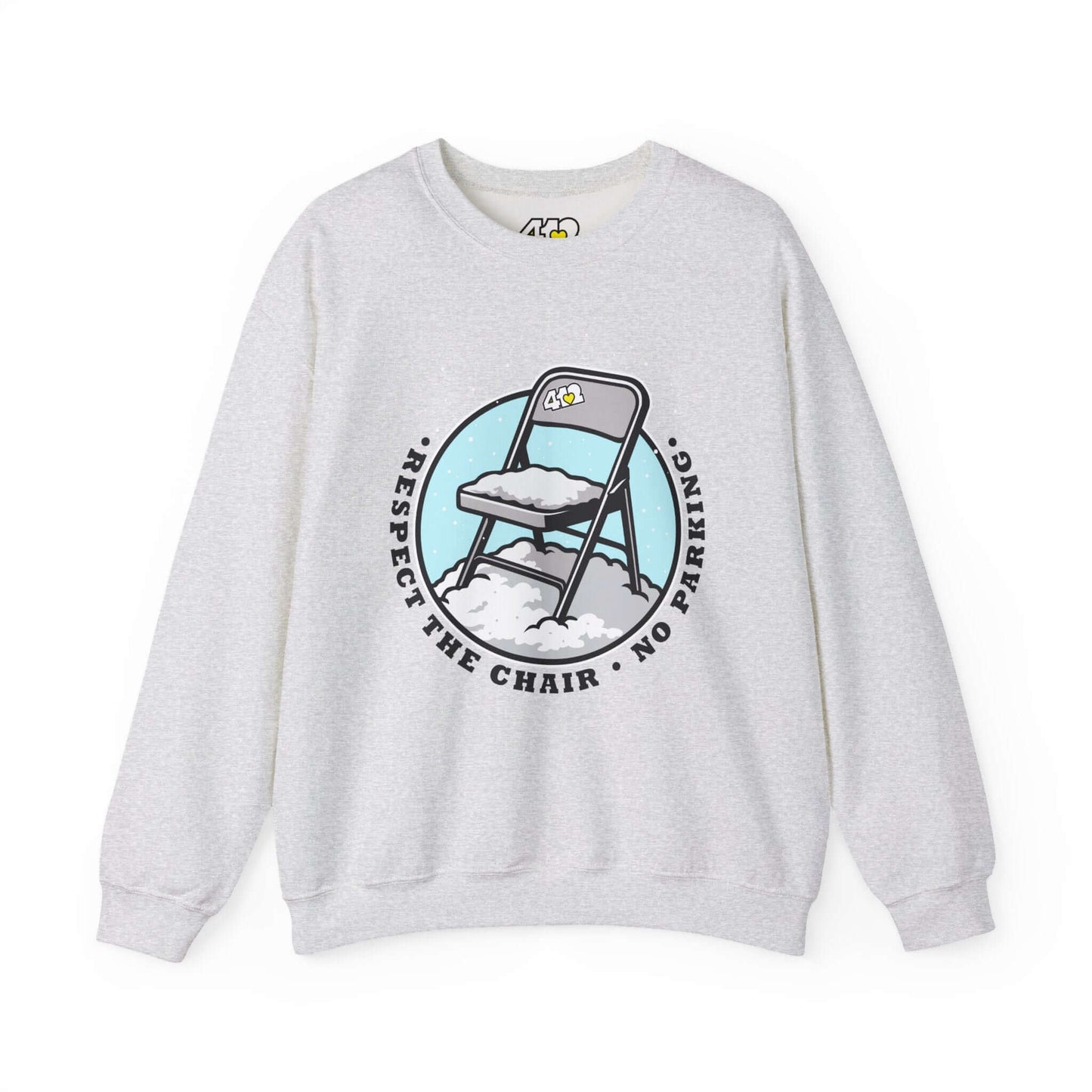 Respect The Chair Sweatshirt - Fill Color Logo. Apparel Color: Ash. A blend of 50% cotton and 50% polyester for cozy durability. With an Elastic ribbed collar, and Double-needle stitching.