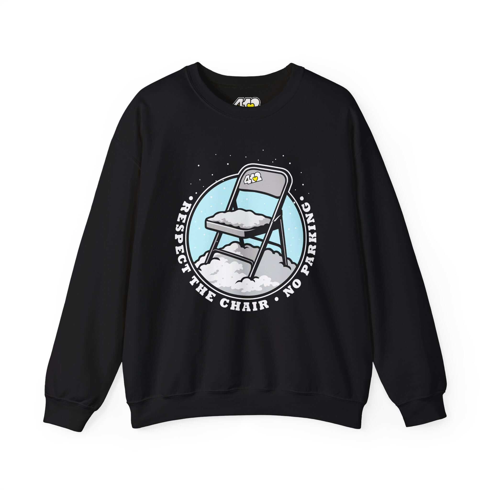 Respect The Chair Sweatshirt - Fill Color Logo. Apparel Color: Black. A blend of 50% cotton and 50% polyester for cozy durability. With an Elastic ribbed collar, and Double-needle stitching.