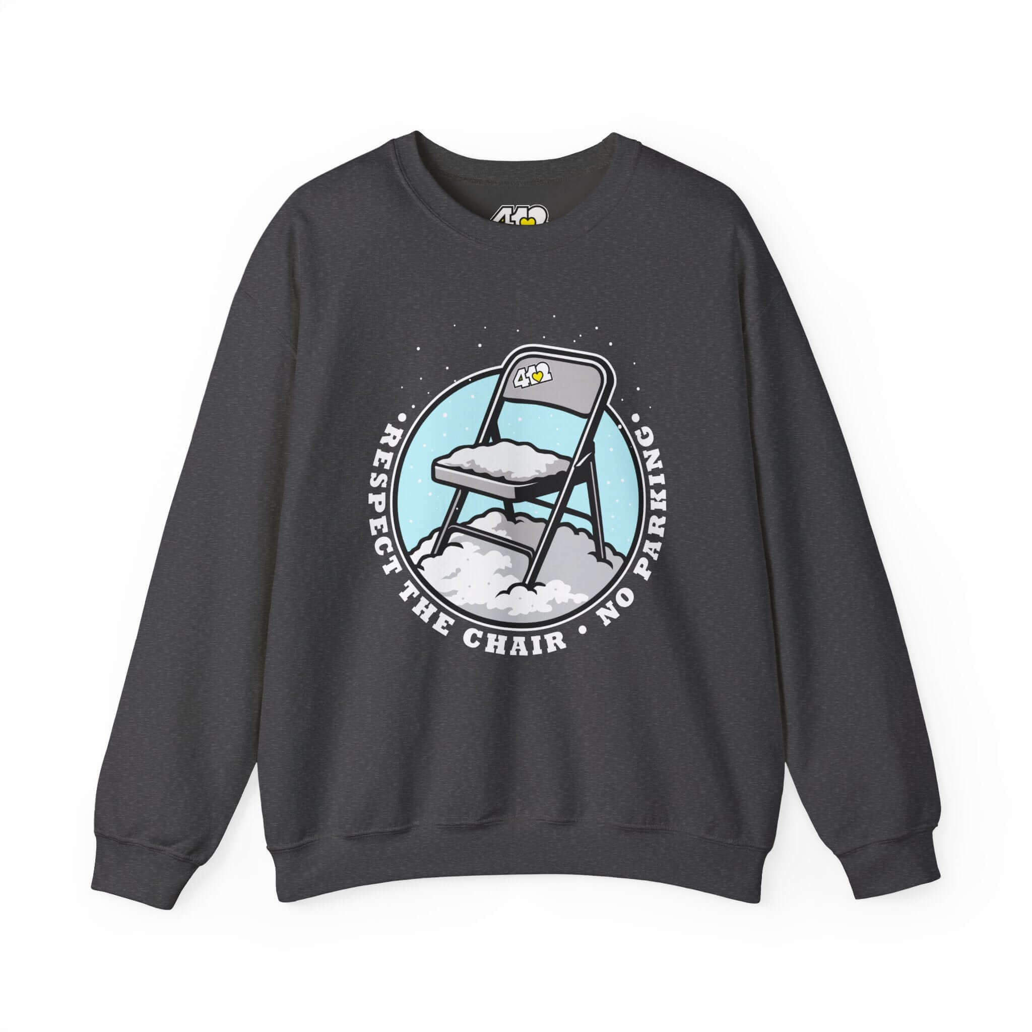 Respect The Chair Sweatshirt - Fill Color Logo. Apparel Color: Dark Heather. A blend of 50% cotton and 50% polyester for cozy durability. With an Elastic ribbed collar, and Double-needle stitching.