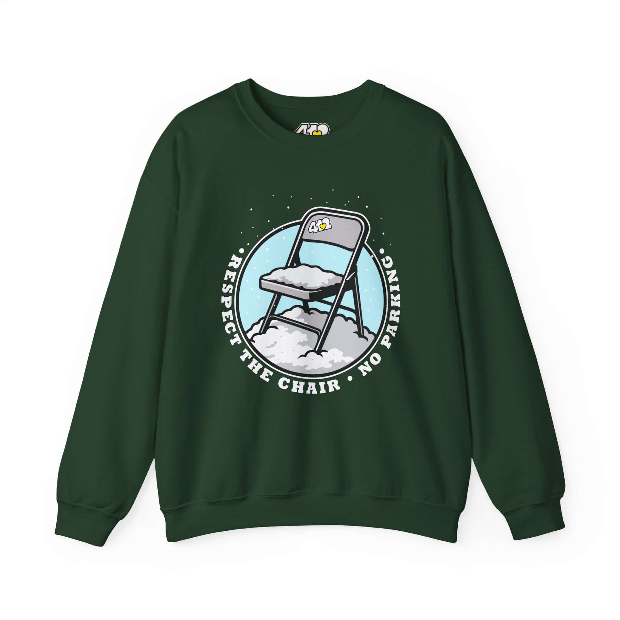 Respect The Chair Sweatshirt - Fill Color Logo. Apparel Color: Forest Green. A blend of 50% cotton and 50% polyester for cozy durability. With an Elastic ribbed collar, and Double-needle stitching.