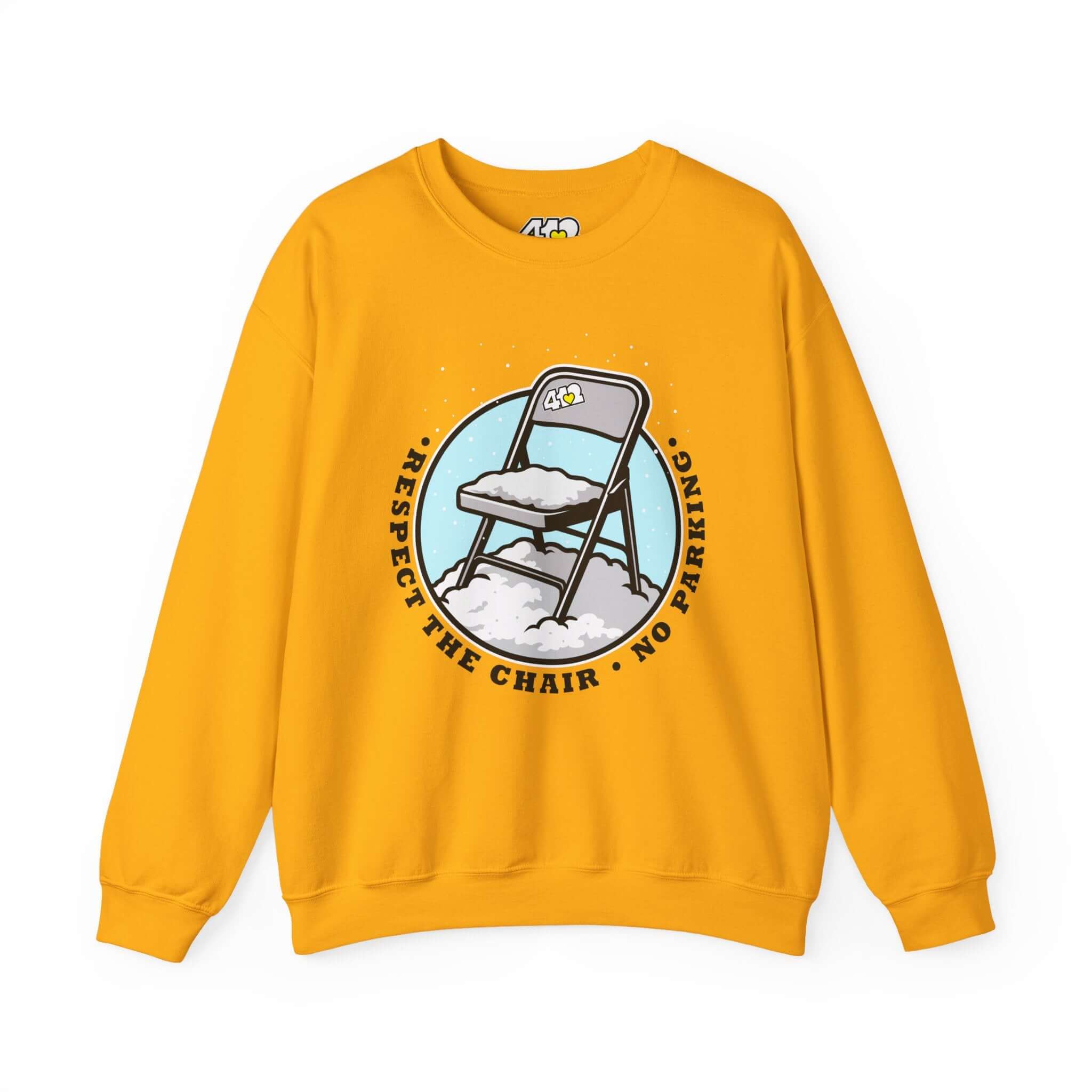 Respect The Chair Sweatshirt - Fill Color Logo. Apparel Color: Gold. A blend of 50% cotton and 50% polyester for cozy durability. With an Elastic ribbed collar, and Double-needle stitching.