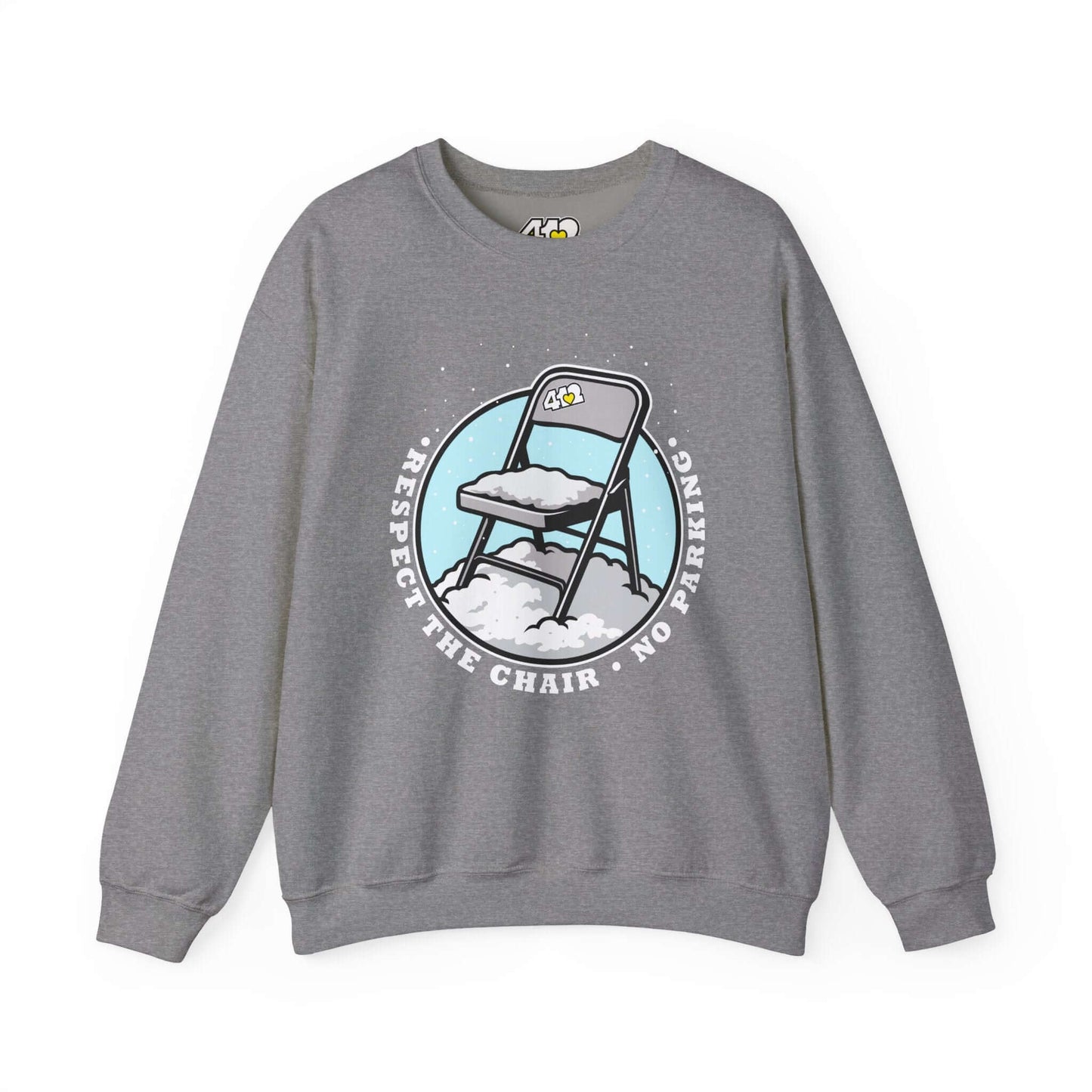 Respect The Chair Sweatshirt - Fill Color Logo. Apparel Color: Graphite Heather. A blend of 50% cotton and 50% polyester for cozy durability. With an Elastic ribbed collar, and Double-needle stitching.