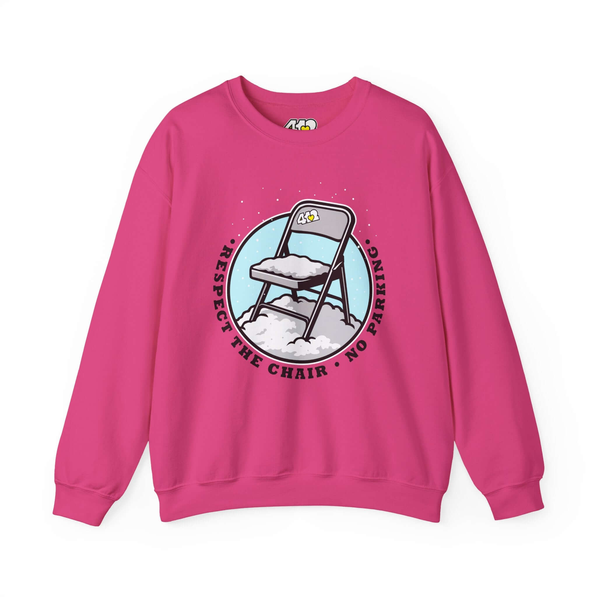 Respect The Chair Sweatshirt - Fill Color Logo. Apparel Color: Heliconia. A blend of 50% cotton and 50% polyester for cozy durability. With an Elastic ribbed collar, and Double-needle stitching.