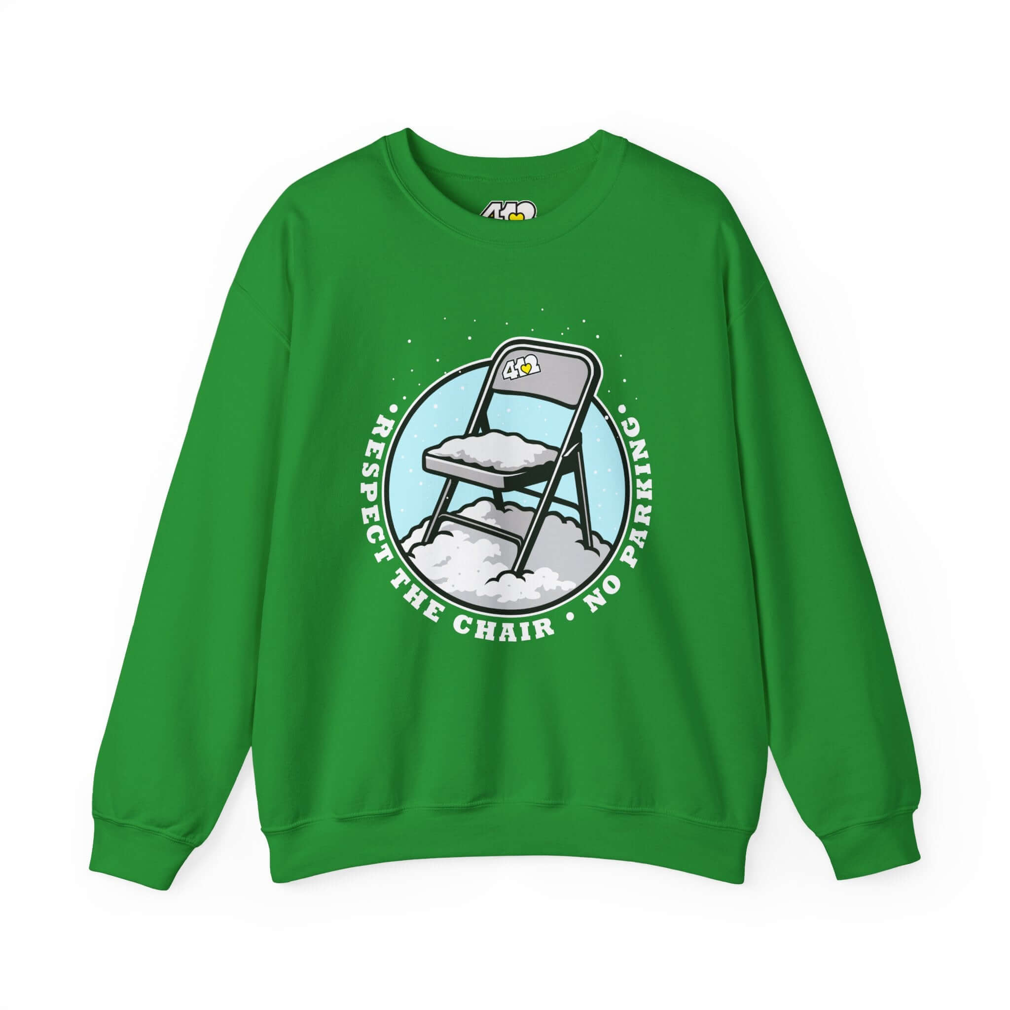 Respect The Chair Sweatshirt - Fill Color Logo. Apparel Color: Irish Green. A blend of 50% cotton and 50% polyester for cozy durability. With an Elastic ribbed collar, and Double-needle stitching.