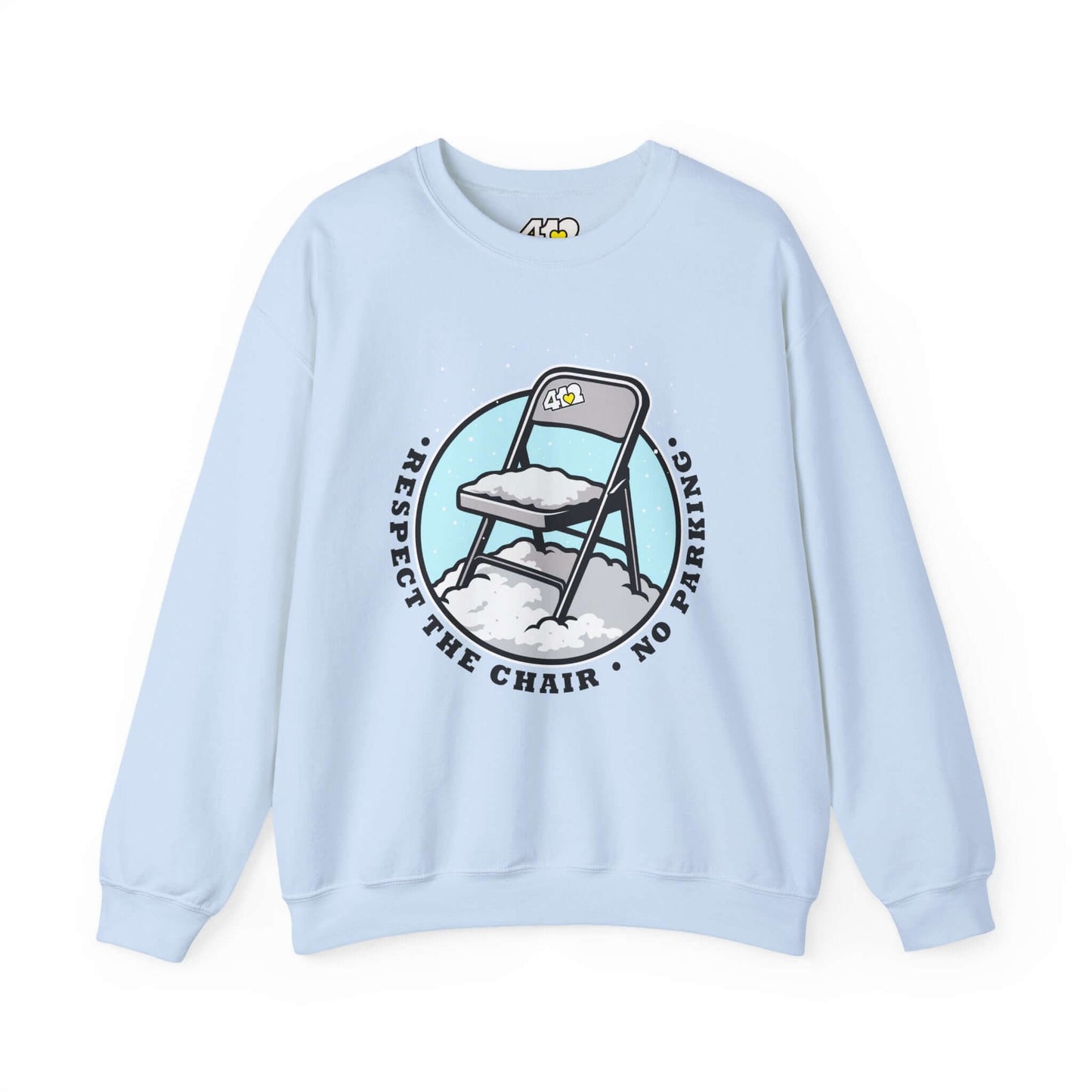 Respect The Chair Sweatshirt - Fill Color Logo. Apparel Color: Light Blue. A blend of 50% cotton and 50% polyester for cozy durability. With an Elastic ribbed collar, and Double-needle stitching.