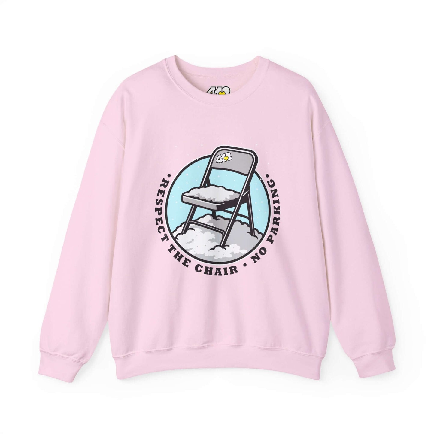 Respect The Chair Sweatshirt - Fill Color Logo. Apparel Color: Light Pink. A blend of 50% cotton and 50% polyester for cozy durability. With an Elastic ribbed collar, and Double-needle stitching.