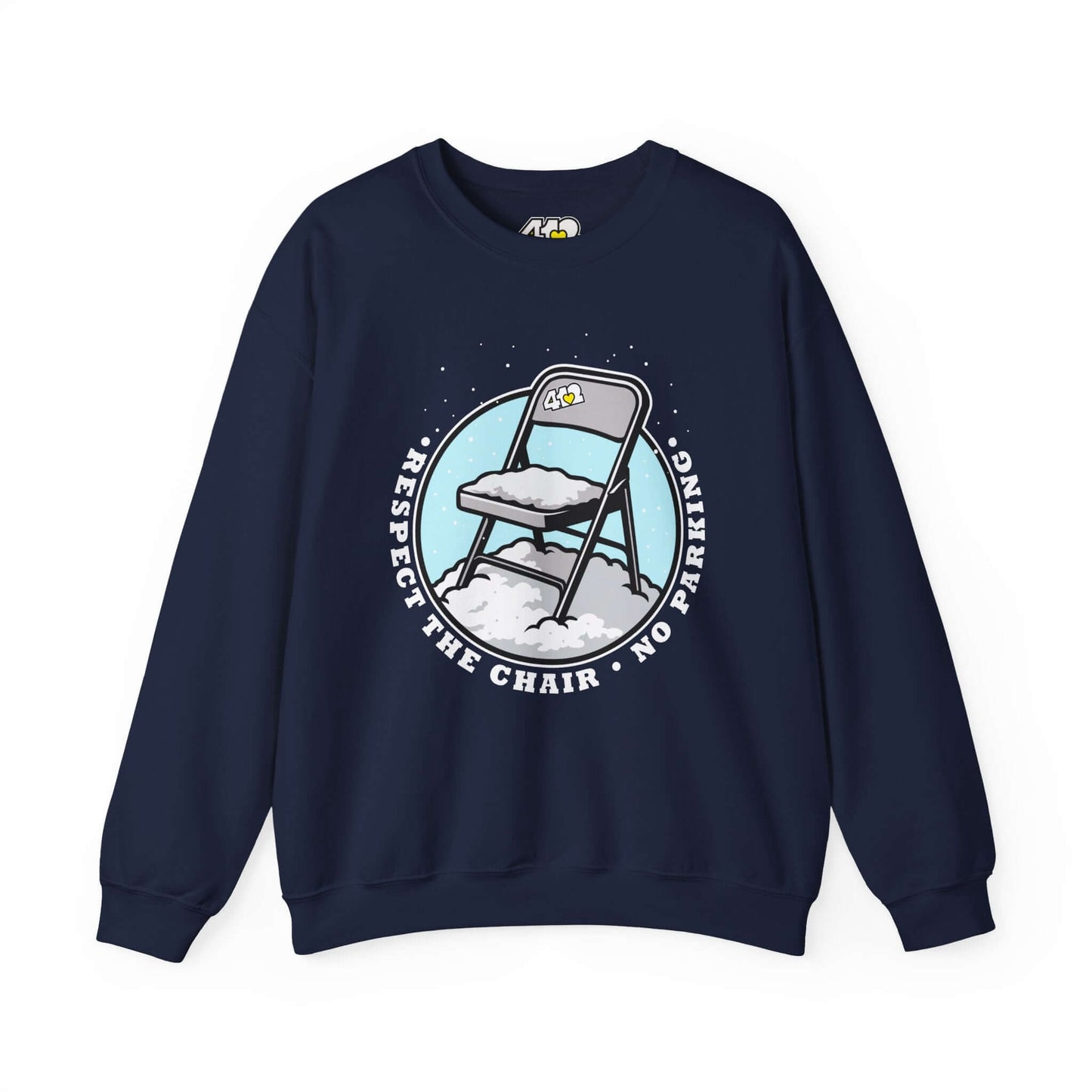 Respect The Chair Sweatshirt - Fill Color Logo. Apparel Color: Navy. A blend of 50% cotton and 50% polyester for cozy durability. With an Elastic ribbed collar, and Double-needle stitching.
