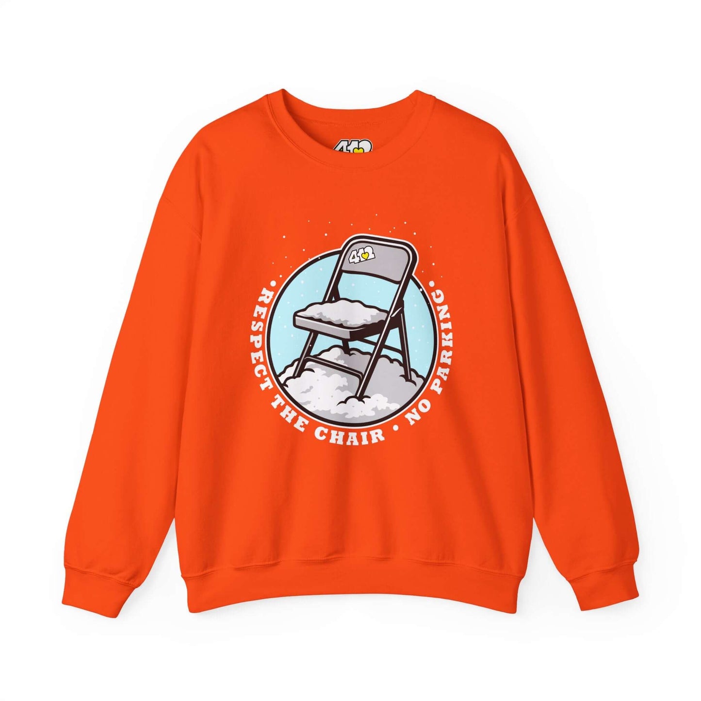 Respect The Chair Sweatshirt - Fill Color Logo. Apparel Color: Orange. A blend of 50% cotton and 50% polyester for cozy durability. With an Elastic ribbed collar, and Double-needle stitching.