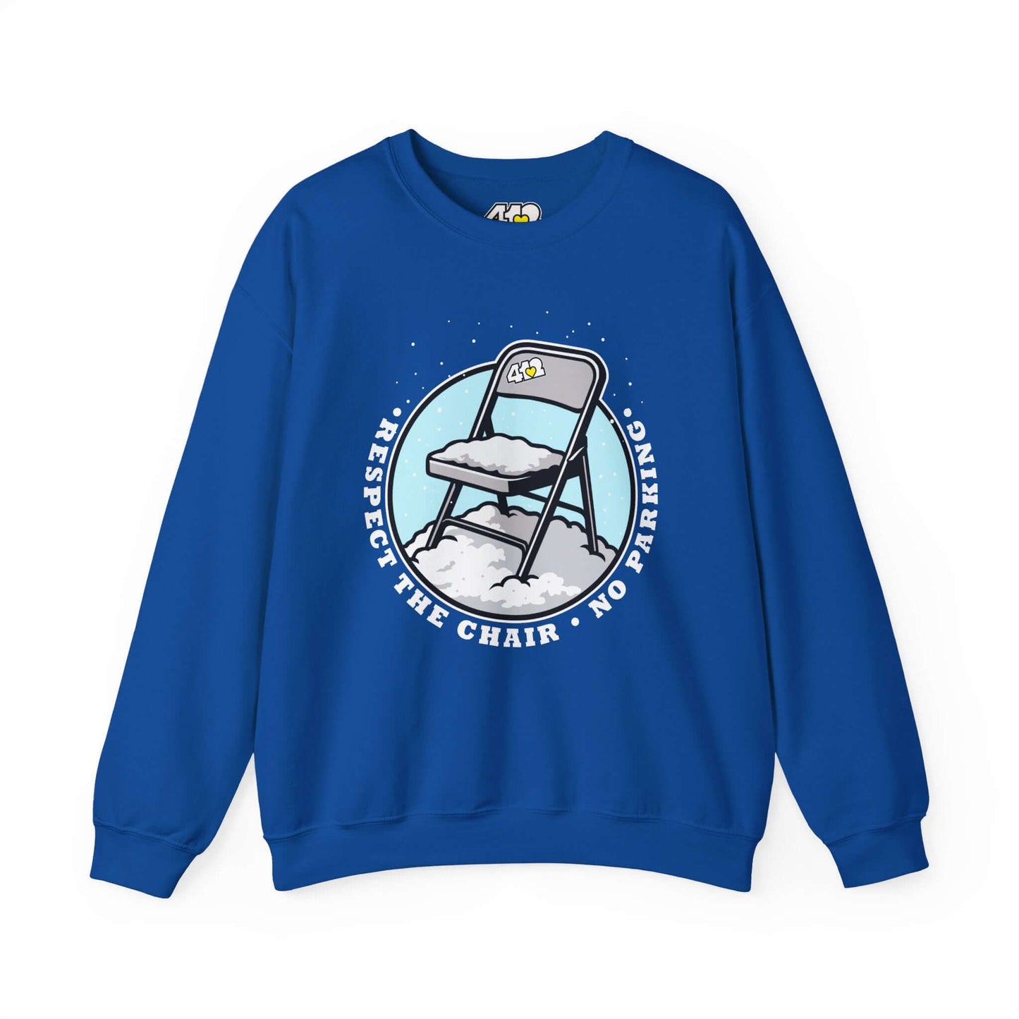 Respect The Chair Sweatshirt - Fill Color Logo. Apparel Color: Royal. A blend of 50% cotton and 50% polyester for cozy durability. With an Elastic ribbed collar, and Double-needle stitching.