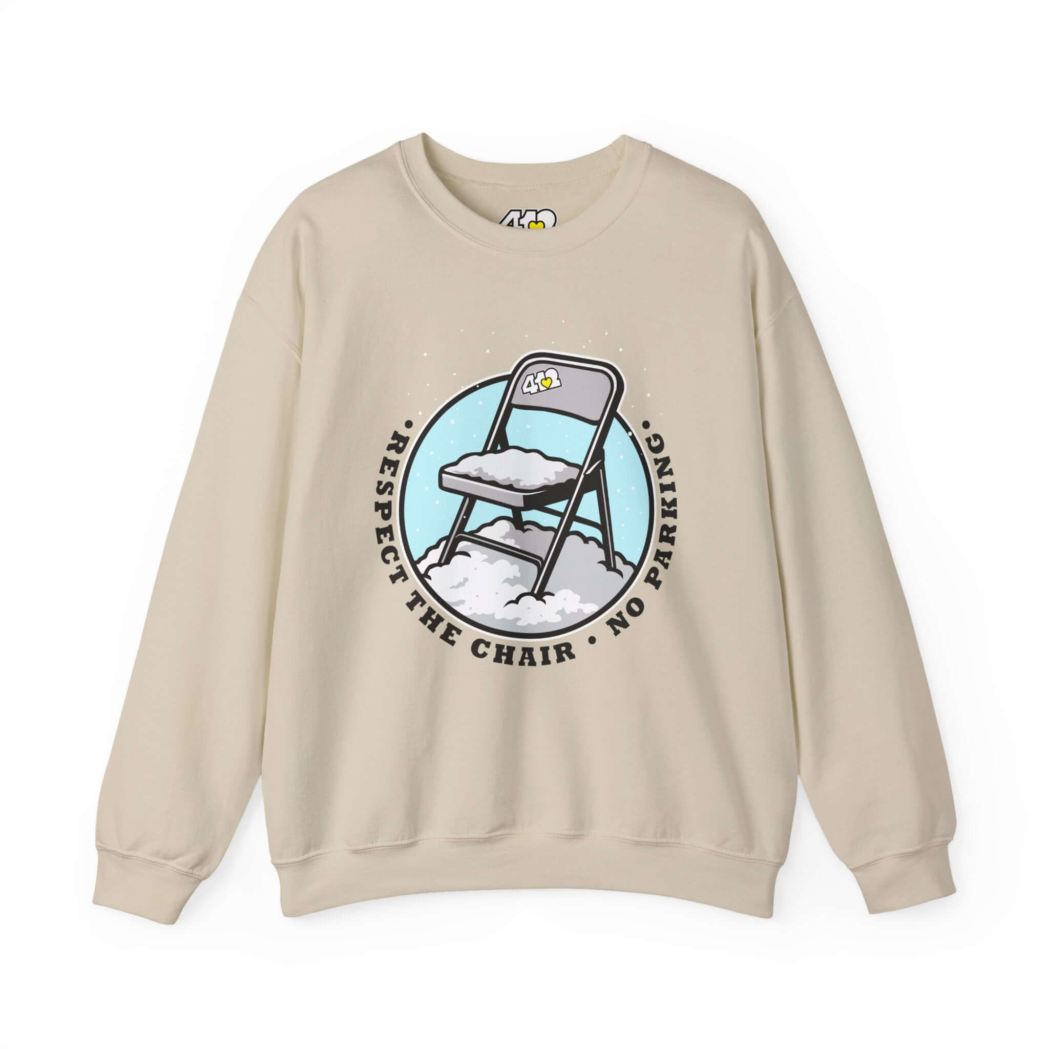 Respect The Chair Sweatshirt - Fill Color Logo. Apparel Color: Sand. A blend of 50% cotton and 50% polyester for cozy durability. With an Elastic ribbed collar, and Double-needle stitching.
