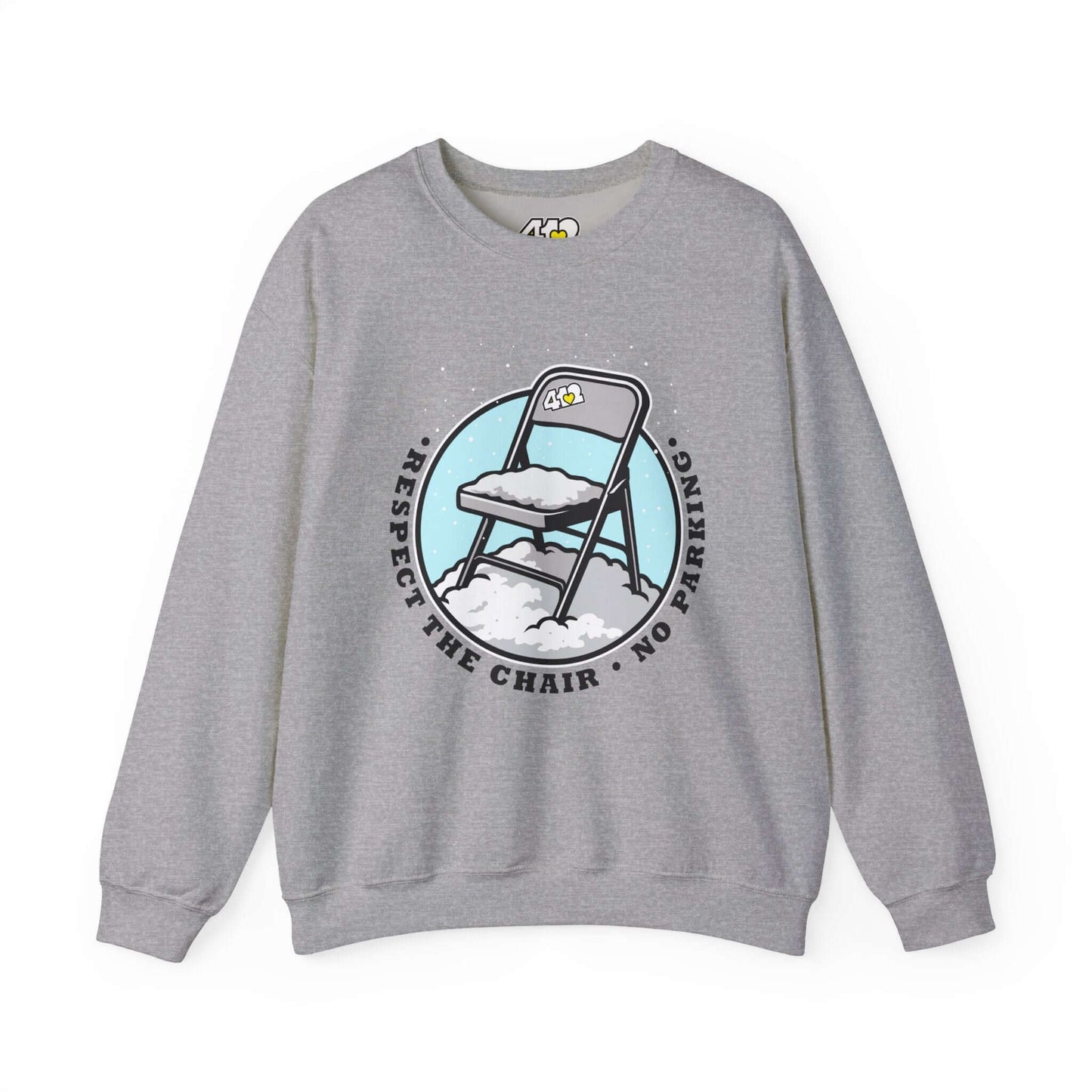 Respect The Chair Sweatshirt - Fill Color Logo. Apparel Color: Sport Grey. A blend of 50% cotton and 50% polyester for cozy durability. With an Elastic ribbed collar, and Double-needle stitching.
