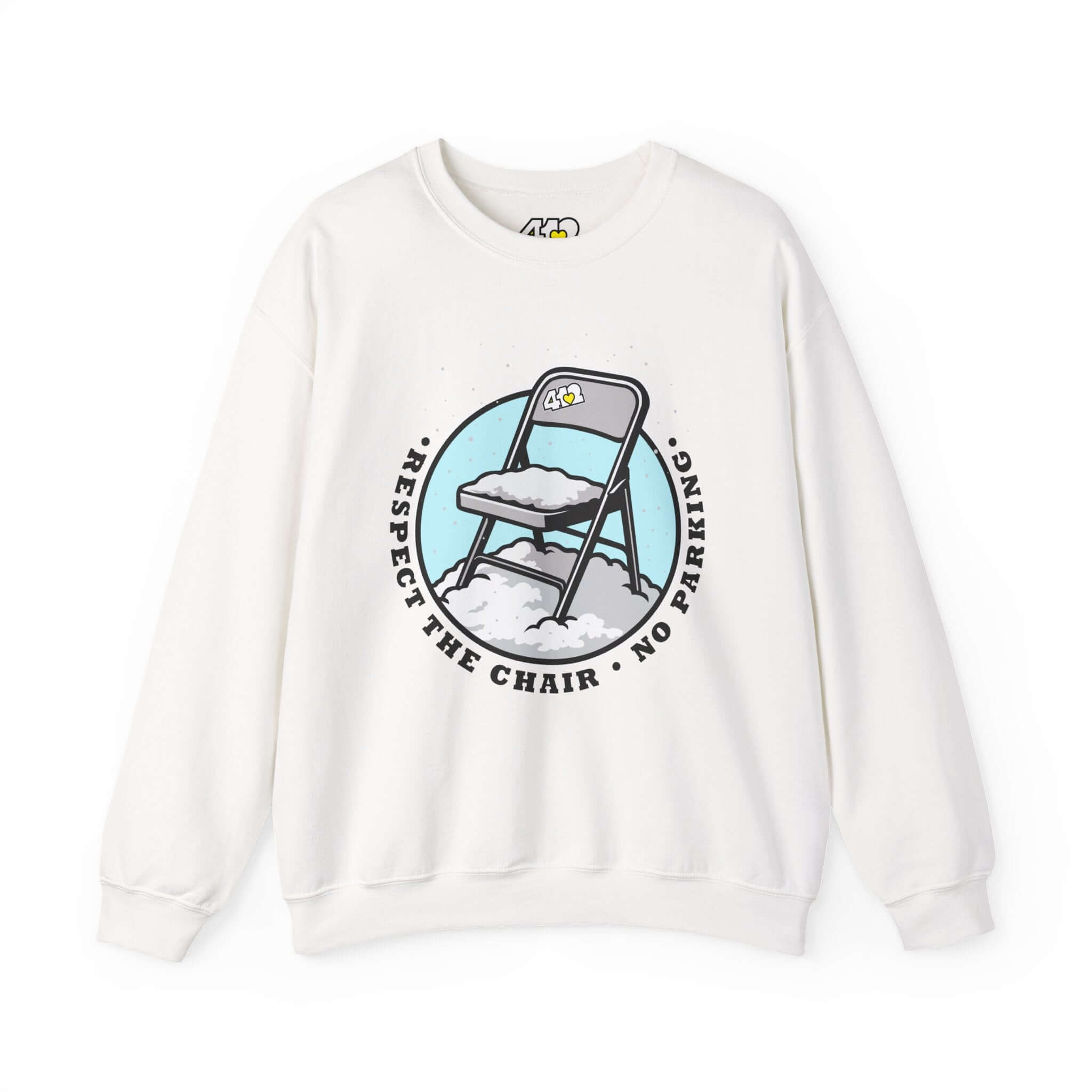 Respect The Chair Sweatshirt - Fill Color Logo. Apparel Color: White. A blend of 50% cotton and 50% polyester for cozy durability. With an Elastic ribbed collar, and Double-needle stitching.