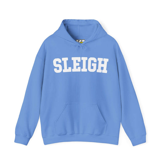 SLEIGH Hoodie | White Logo Apparel Color: Carolina Blue. 50/50 cotton-poly blend, cozy fit, kangaroo pocket, adjustable drawstring hood.