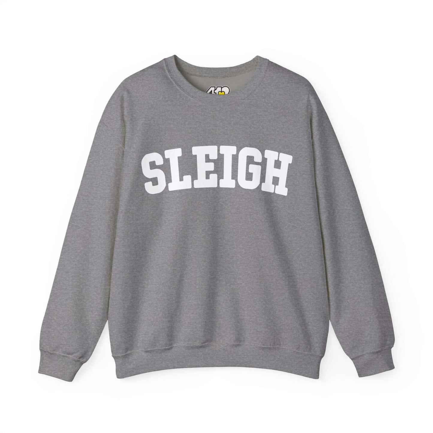 SLEIGH Sweatshirt | White Logo. Apparel Color: Graphite Heather. A blend of 50% cotton and 50% polyester for cozy durability. With an Elastic ribbed collar, and Double-needle stitching.