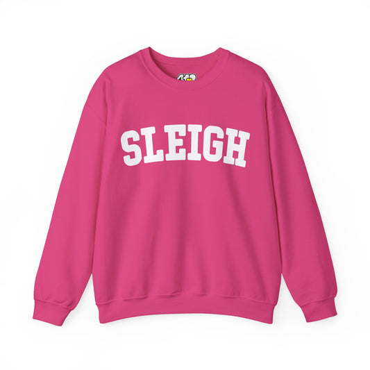 SLEIGH Sweatshirt | White Logo. Apparel Color: Heliconia. A blend of 50% cotton and 50% polyester for cozy durability. With an Elastic ribbed collar, and Double-needle stitching.