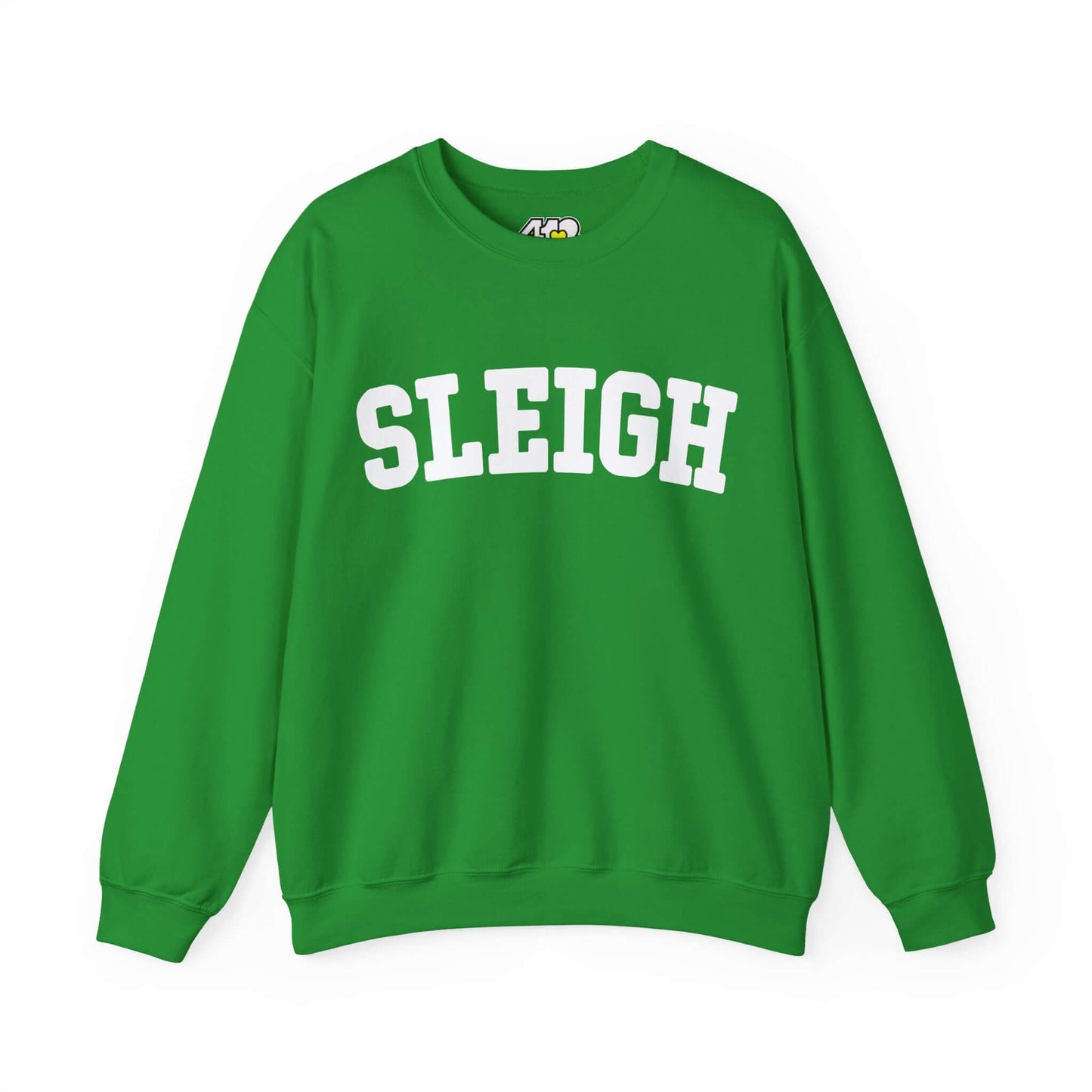 SLEIGH Sweatshirt | White Logo. Apparel Color: Irish Green. A blend of 50% cotton and 50% polyester for cozy durability. With an Elastic ribbed collar, and Double-needle stitching.