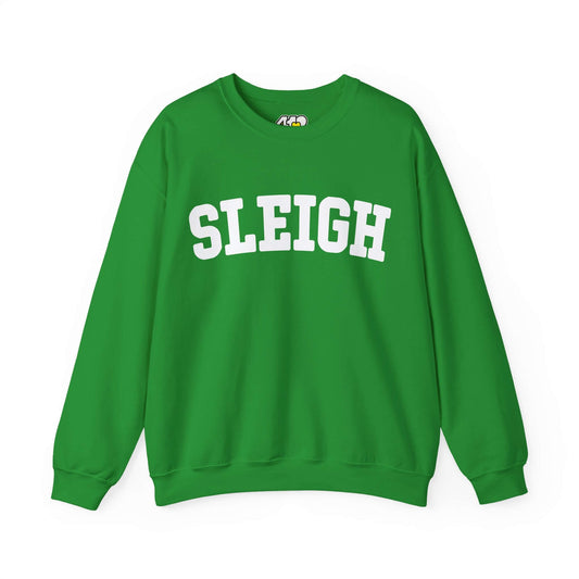 SLEIGH Sweatshirt | White Logo. Apparel Color: Irish Green. A blend of 50% cotton and 50% polyester for cozy durability. With an Elastic ribbed collar, and Double-needle stitching.