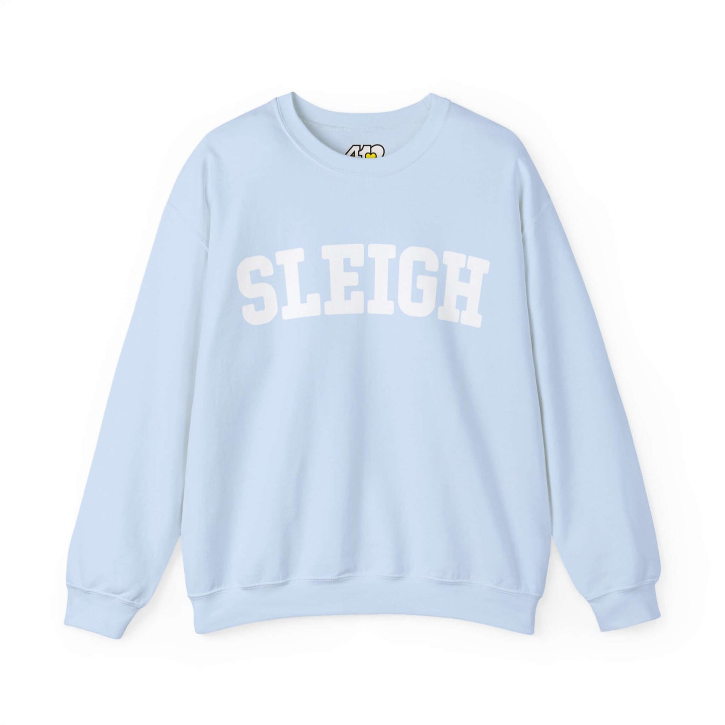 SLEIGH Sweatshirt | White Logo. Apparel Color: Light Blue. A blend of 50% cotton and 50% polyester for cozy durability. With an Elastic ribbed collar, and Double-needle stitching.