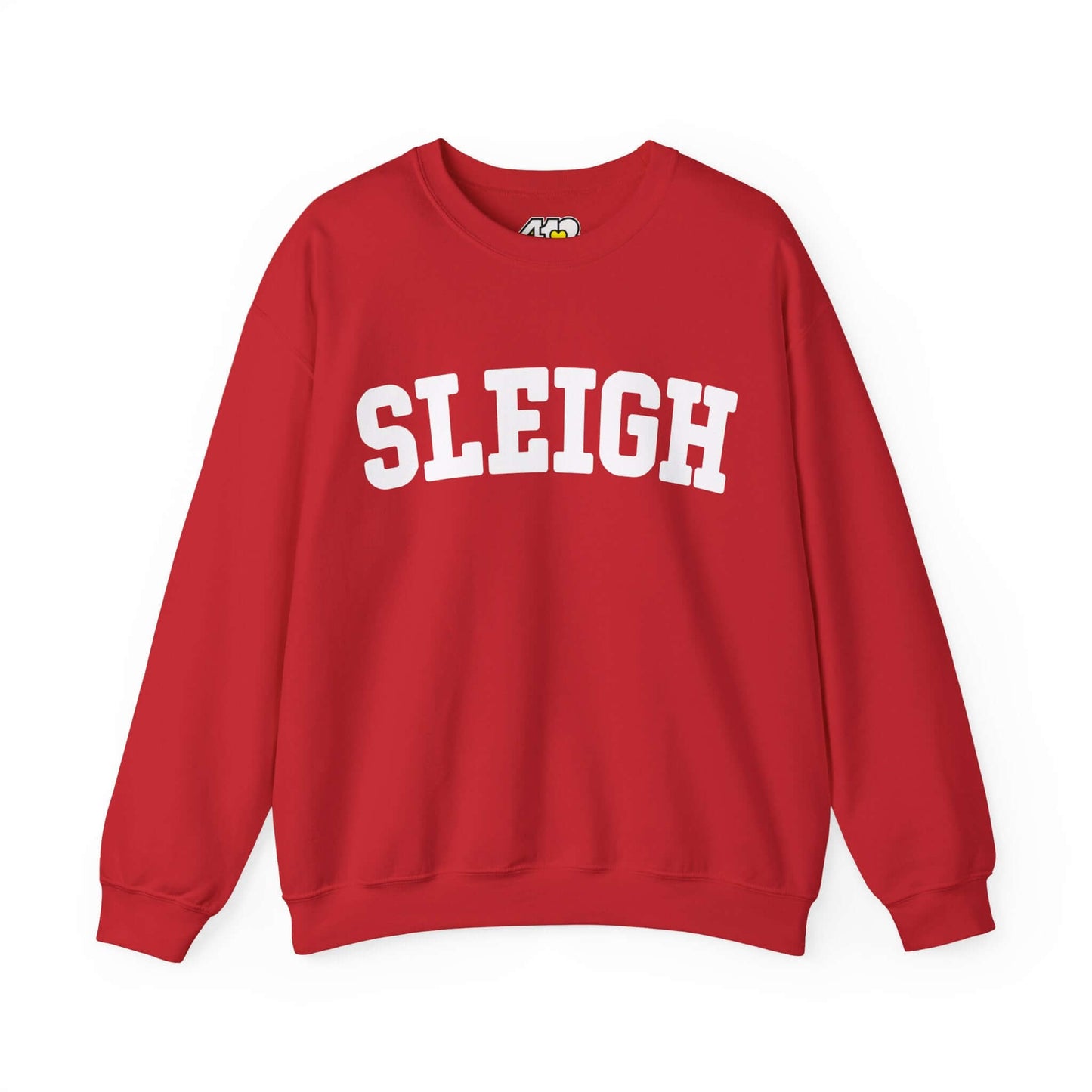 SLEIGH Sweatshirt | White Logo. Apparel Color: Red. A blend of 50% cotton and 50% polyester for cozy durability. With an Elastic ribbed collar, and Double-needle stitching.