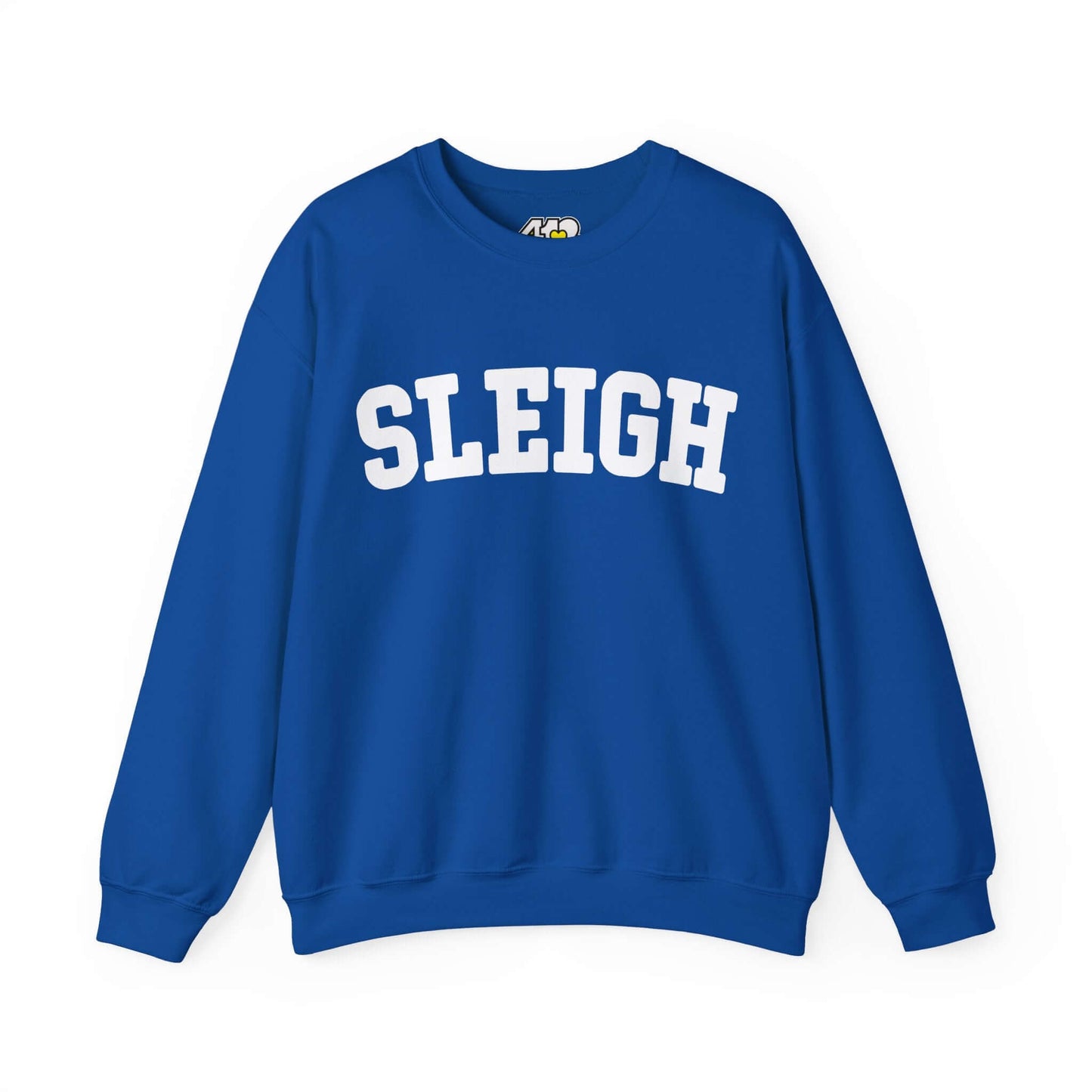 SLEIGH Sweatshirt | White Logo. Apparel Color: Royal. A blend of 50% cotton and 50% polyester for cozy durability. With an Elastic ribbed collar, and Double-needle stitching.